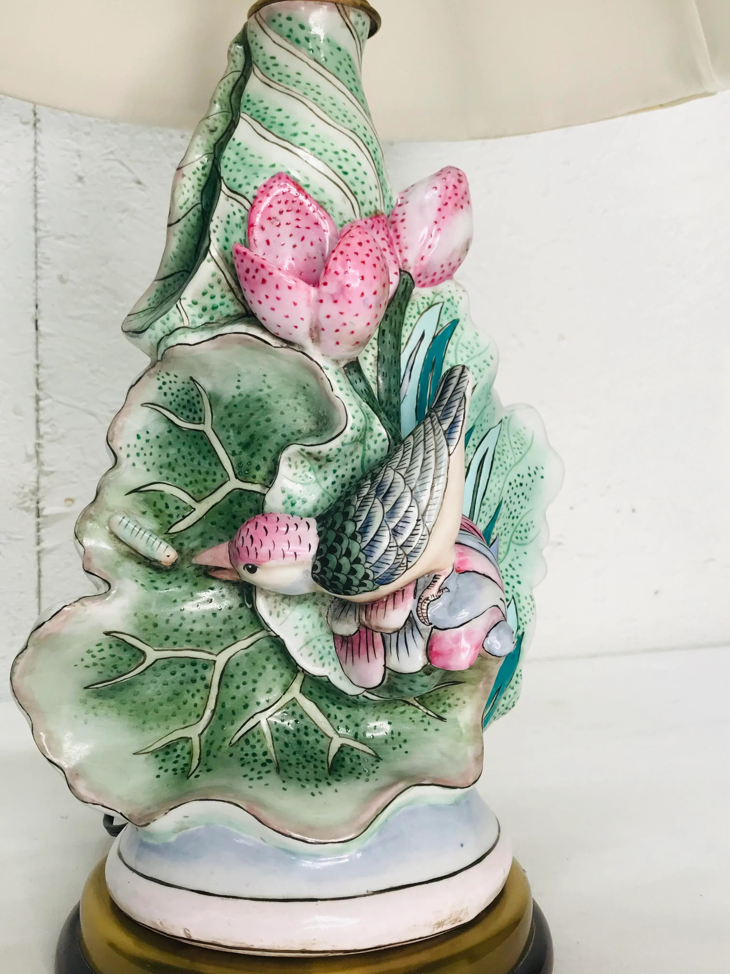 Late 20th Century Pink & Turquoise Hand Painted Wildwood Lamp With