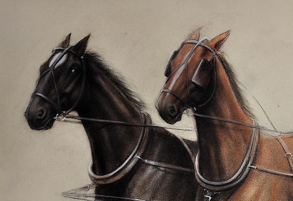 Cecil Aldin, Trotting Horses Harnessed to a Lightweight Four Wheel Cart Trap, Chalk Drawing, Framed