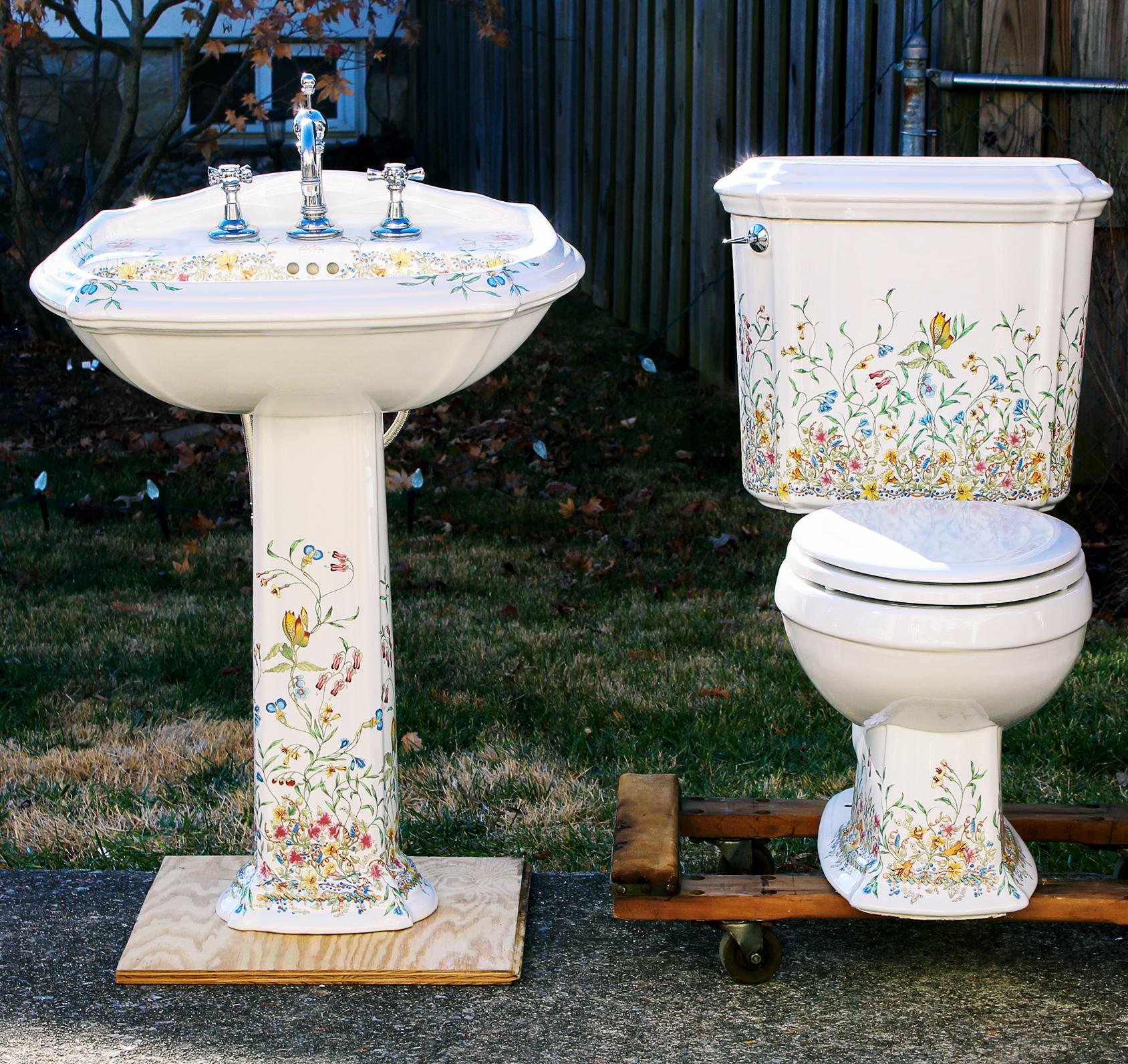 Early 21st Century Kohler Artist Edition English Trellis Porcelain Pedestal  Sink \u0026 Toilet - Set of 2, image size:1688x1592