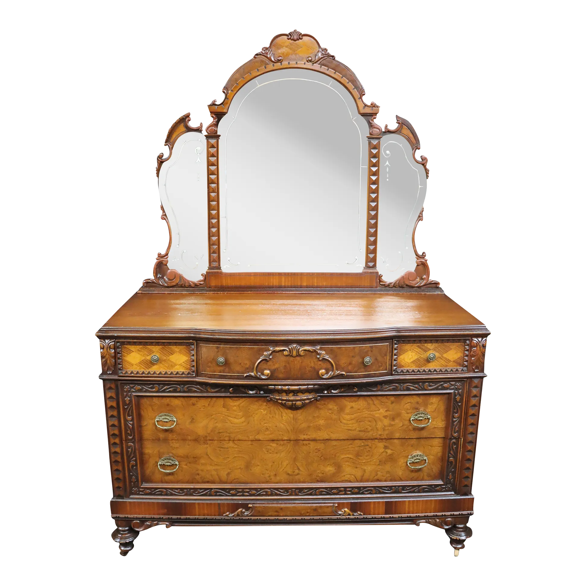 Depression Era Carved Walnut Dresser & Mirror