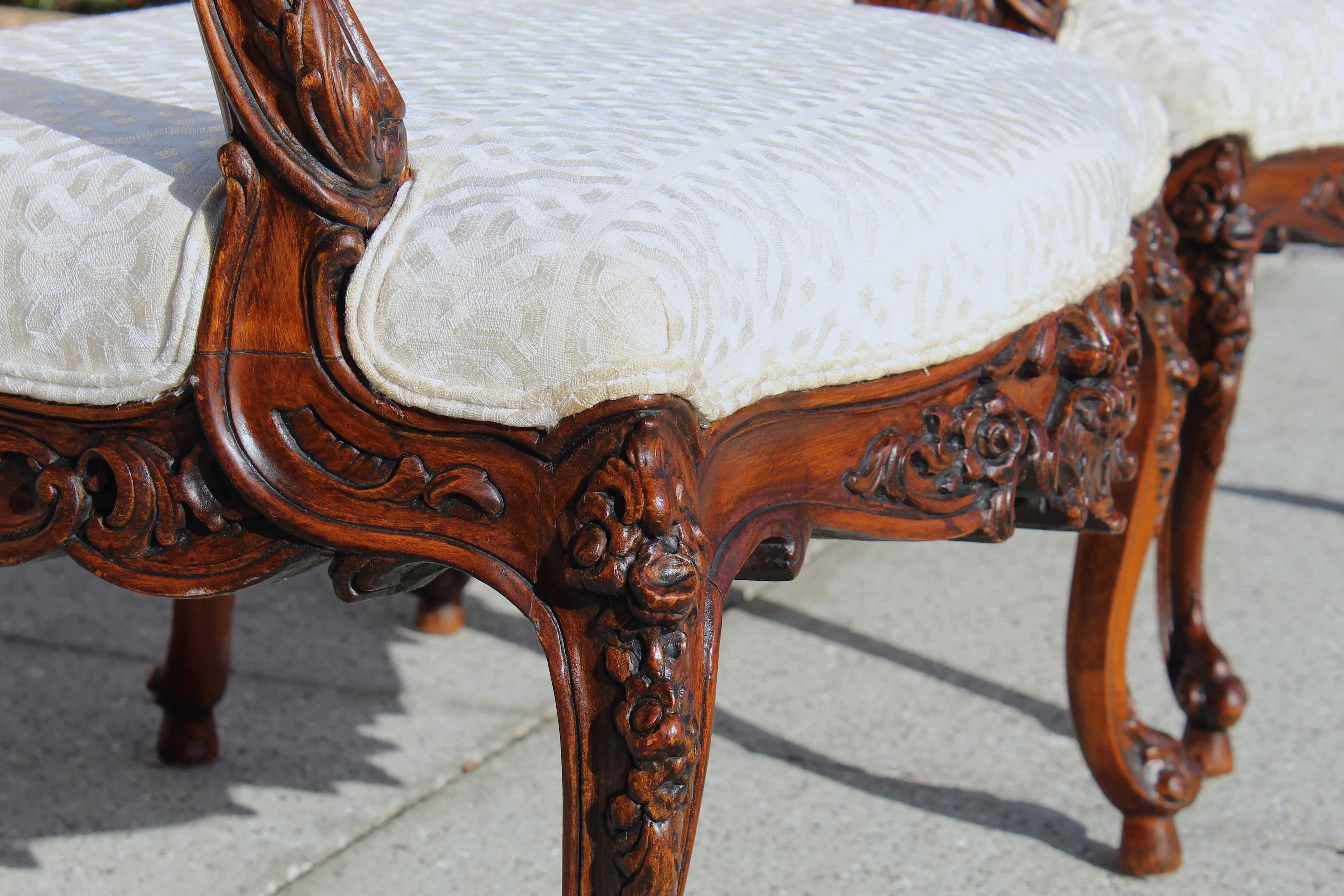 Antique French White Upholstered Walnut Armchairs | 19th Century Hand-Carved Louis Style Fauteuil Chairs With Striped Back - Set of 2