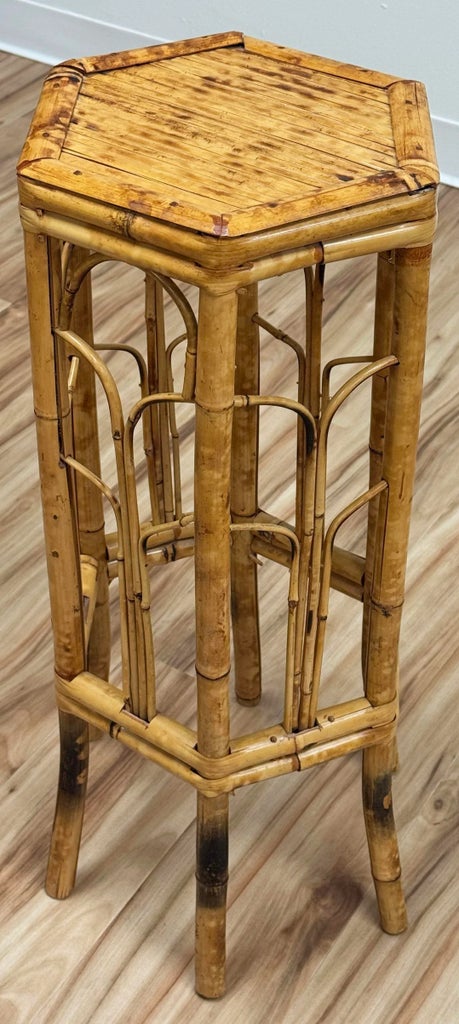 Vintage Tall Hexagonal Scorched Bamboo Plant Stand | Chairish