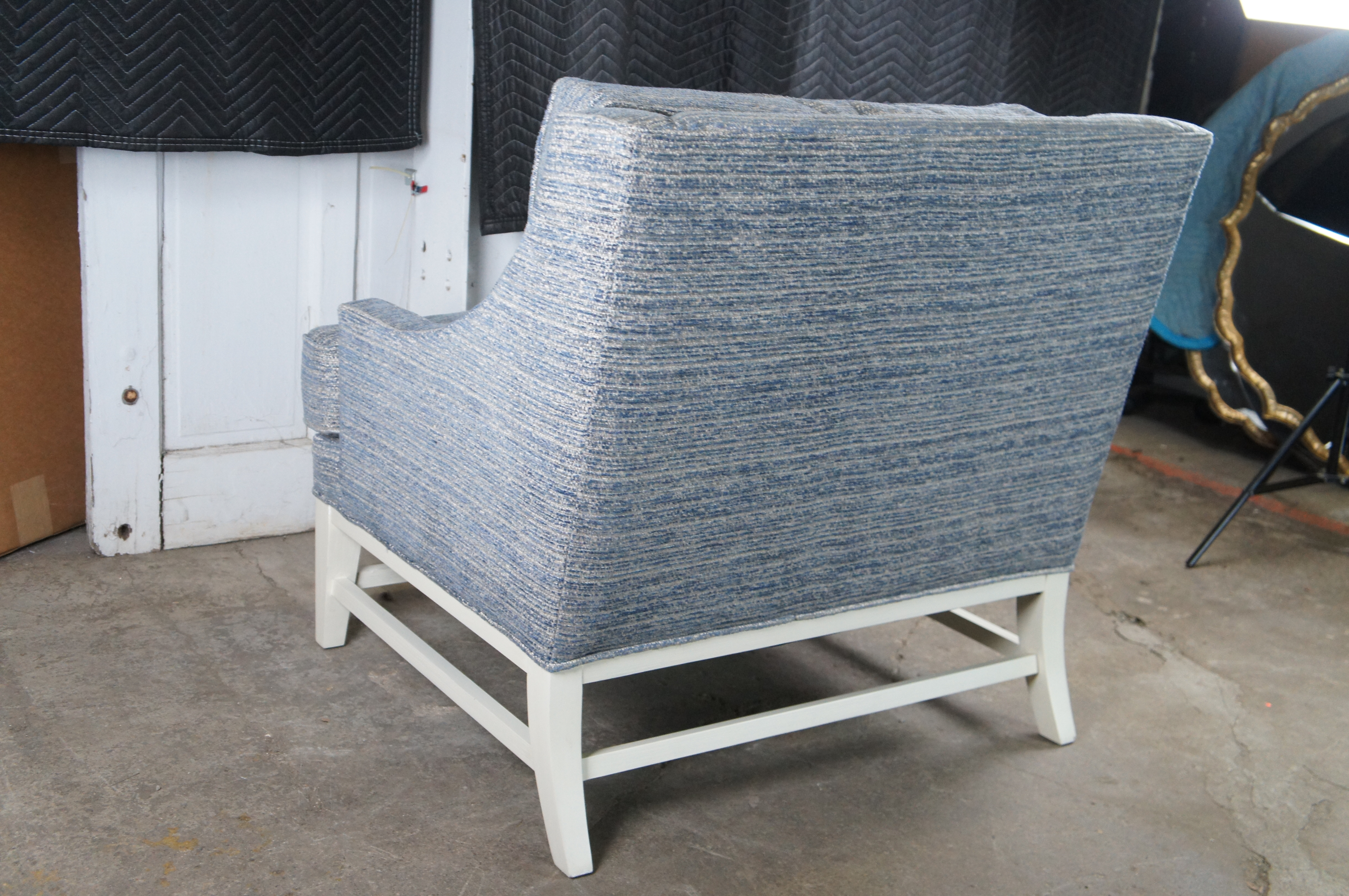 Late 20th Century Gabriella White Bev Upholstered Modern Blue Slope Arm Library Chair and a Half