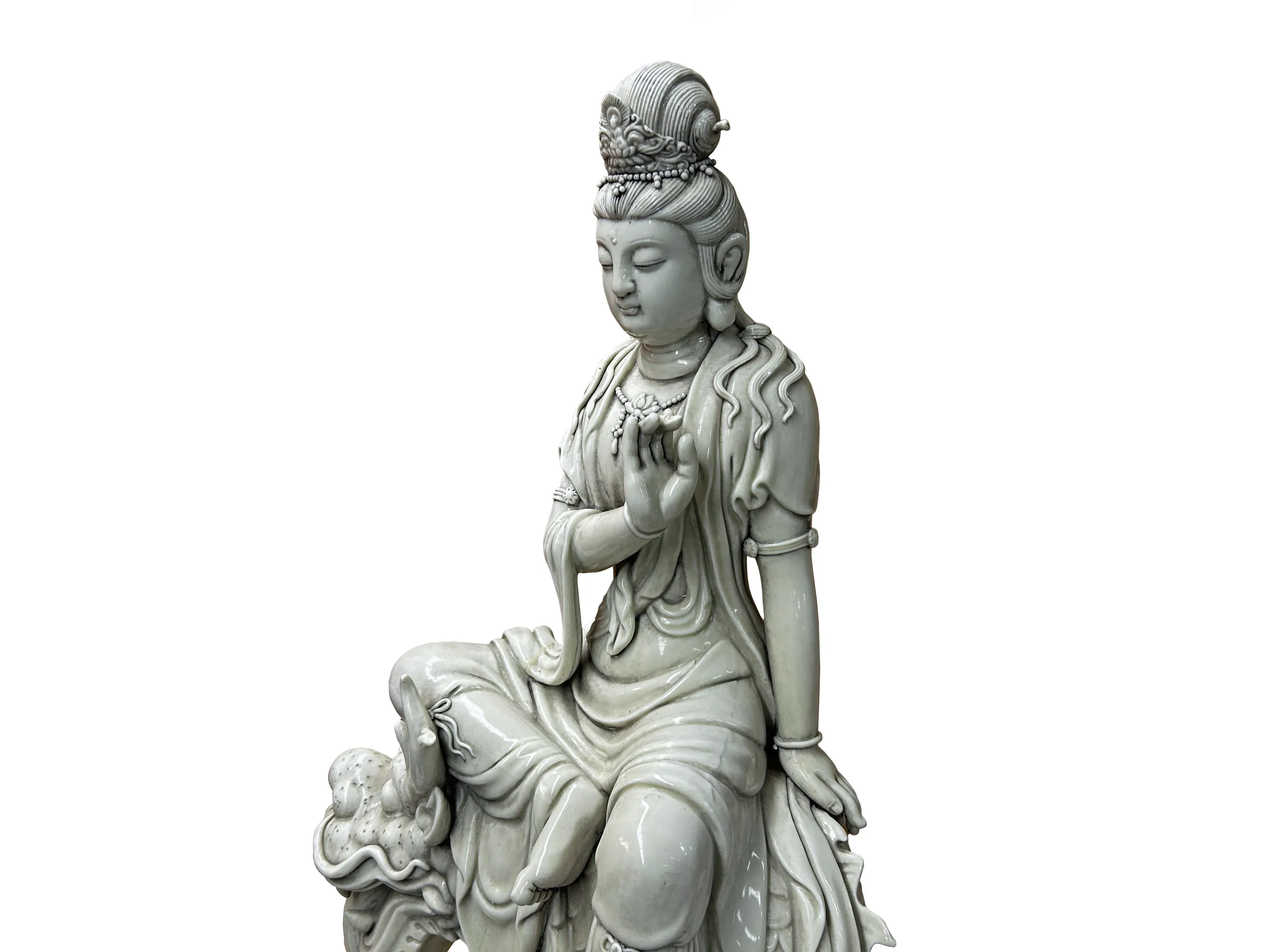 Chinese Handcrafted GuanYin Bodhisattva on Dragon White Porcelain Statue