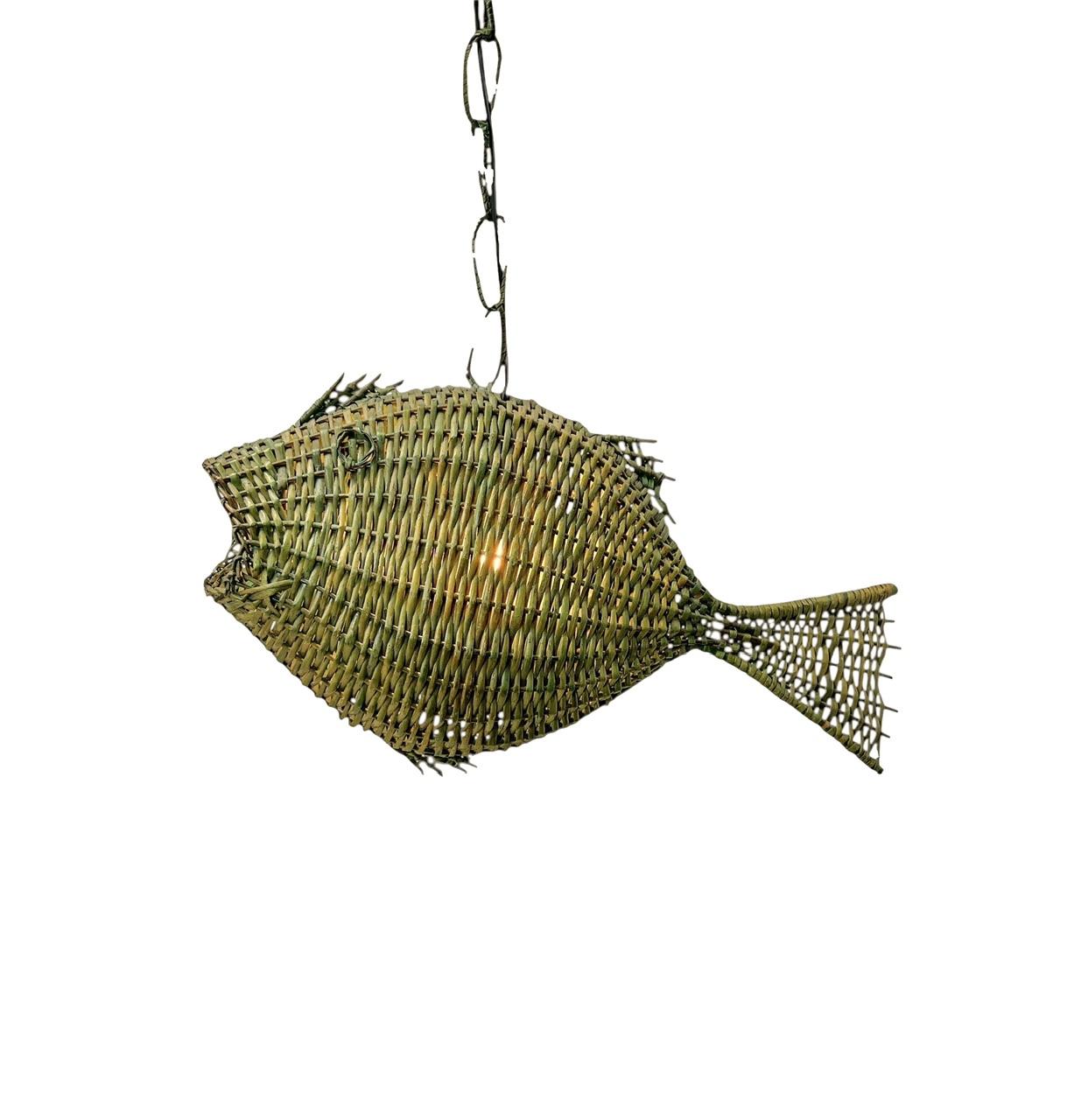 Mid-Century Modern Fish Wicker Rattan Pendant Lamp, 1960s