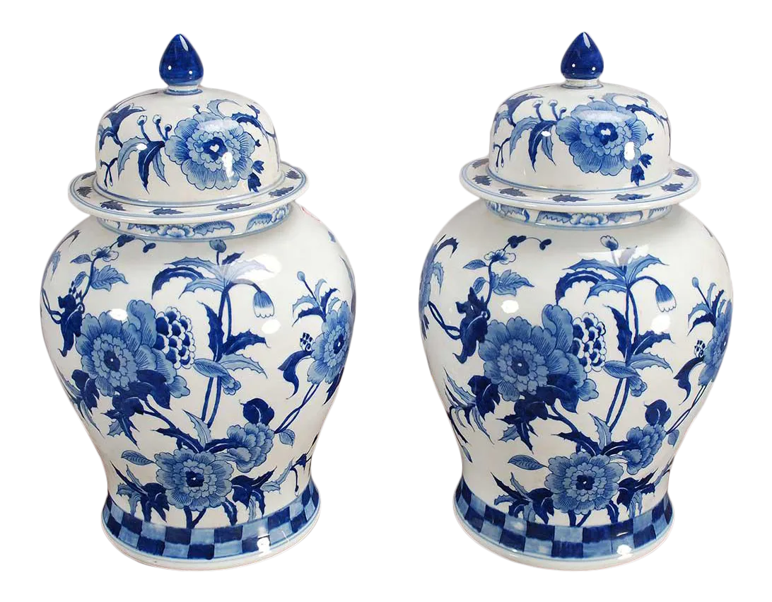 Blue and White Floral Lidded Temple Jars a Pair Chairish