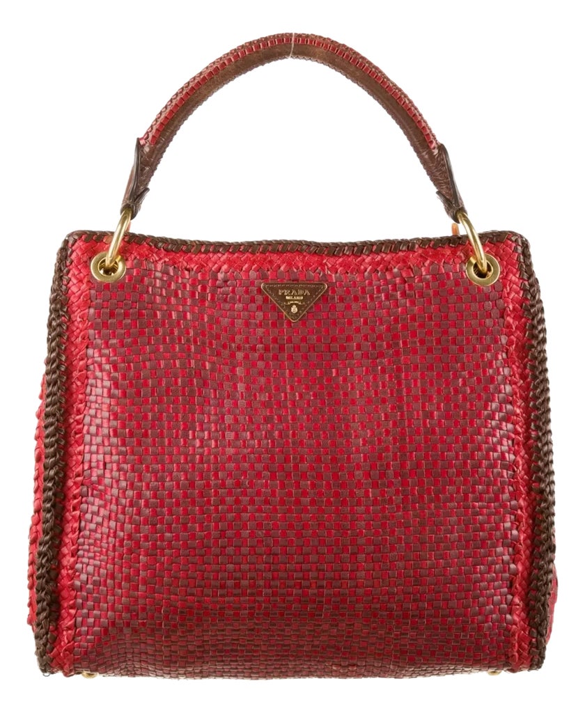 2020s Prada Bag Red Brown Check Madras Hobo Shoulder Satchel Gold Hand ...