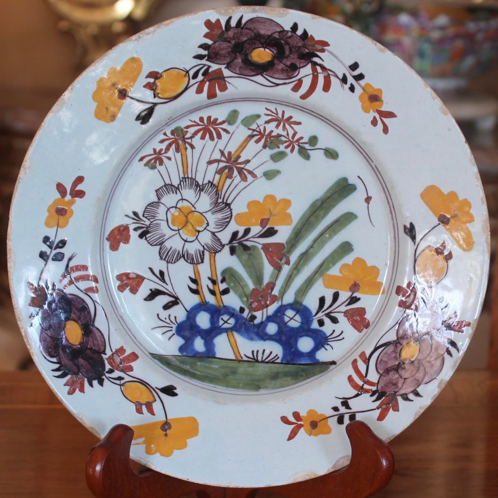 Polychrome Delft Plate With Chinese Garden Motif, Yellow and