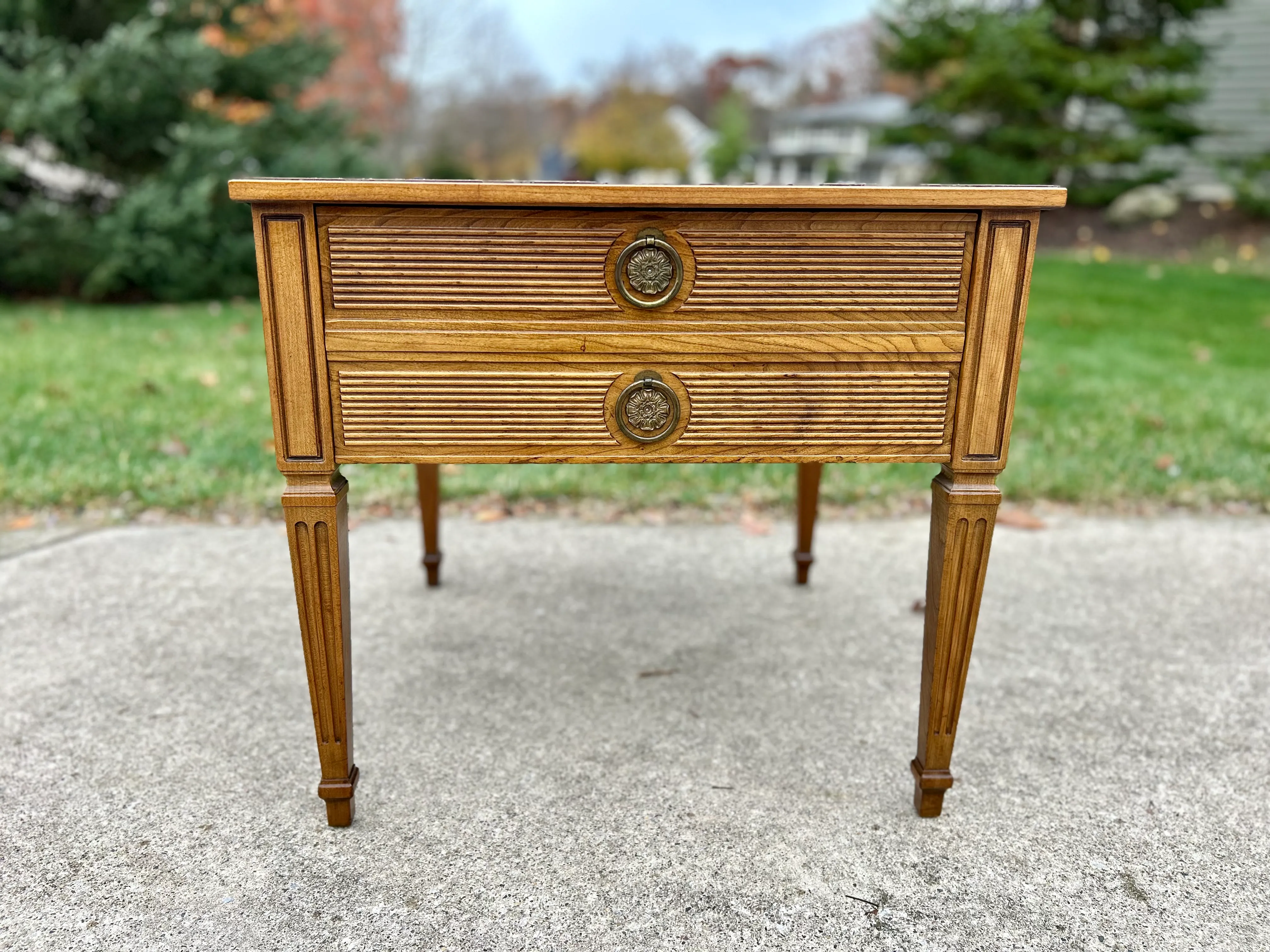 1970s Henredon Mid Century Banded Walnut and Brass Side Table