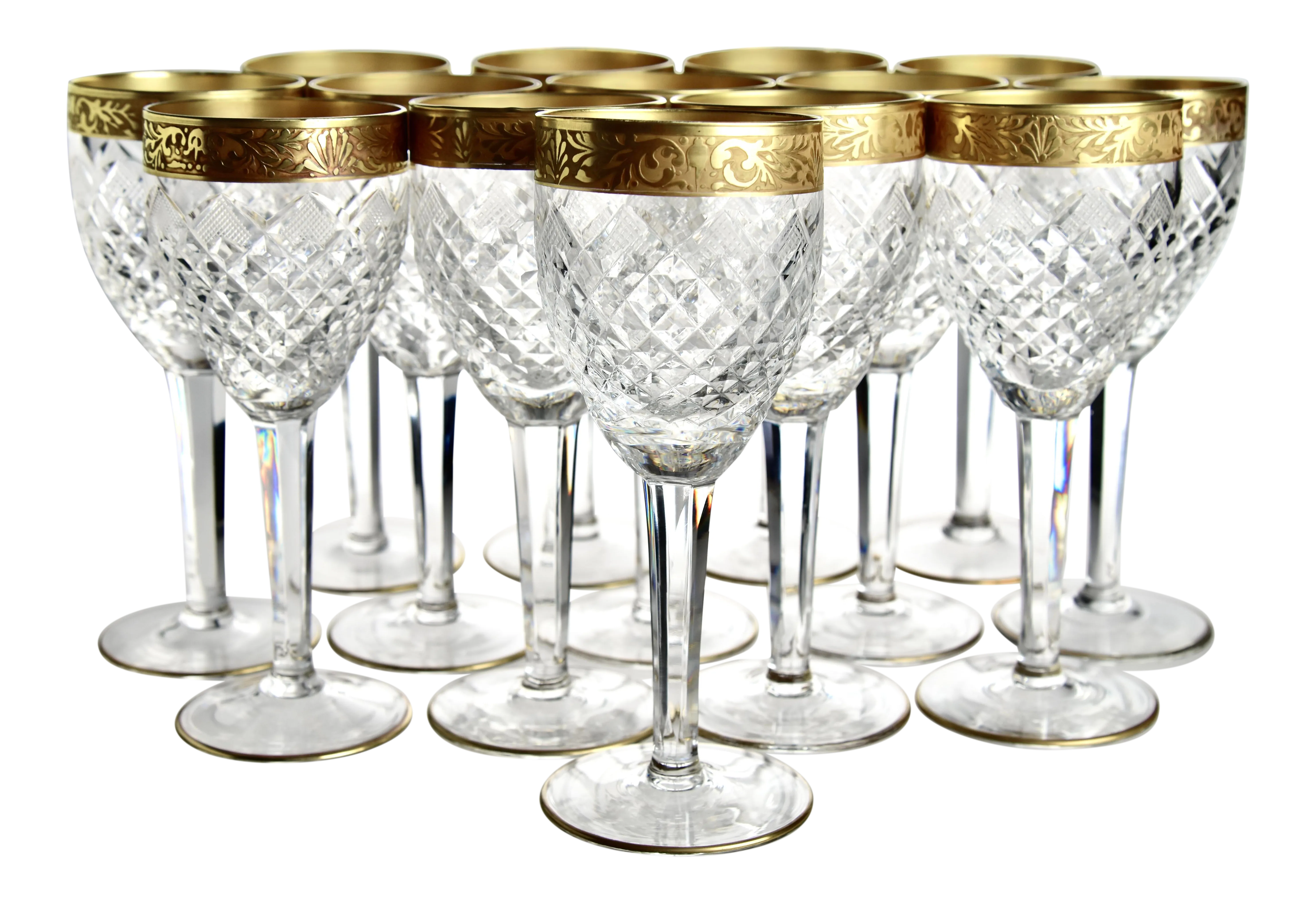 1920s Gilt Etched Cut Crystal Goblets- Set of 14 | Chairish