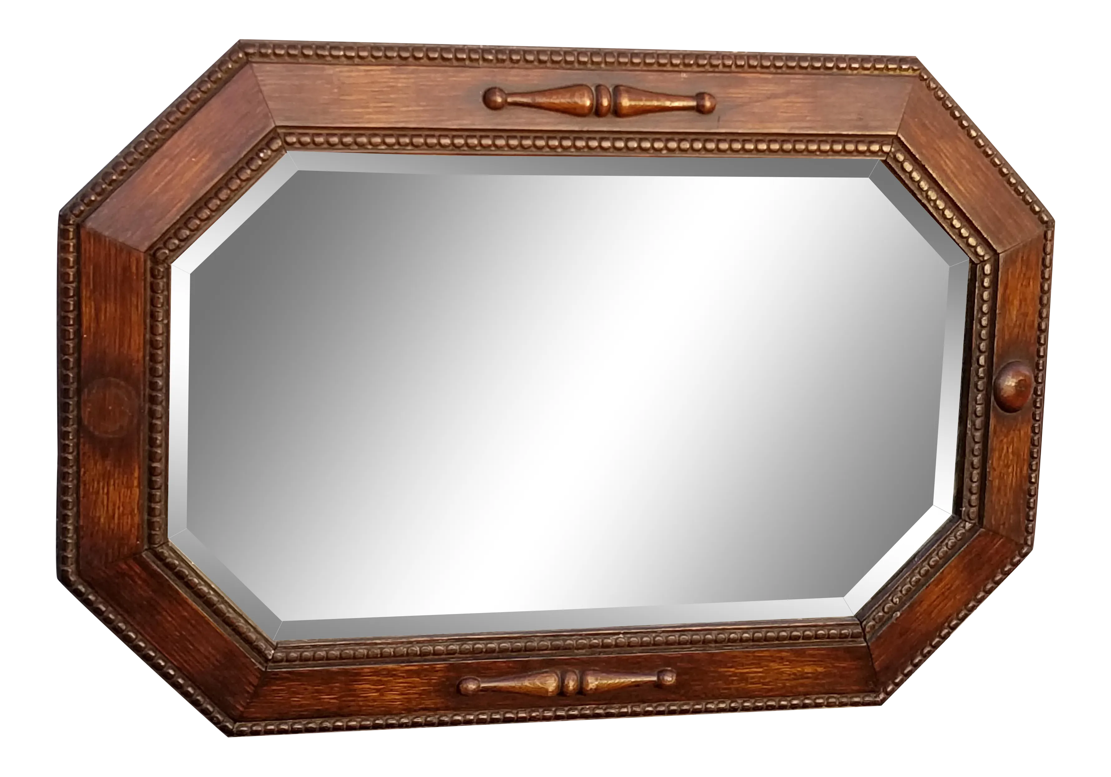 Vintage French Country Brown Oak Polygon Wall Mantle Beveled Mirror