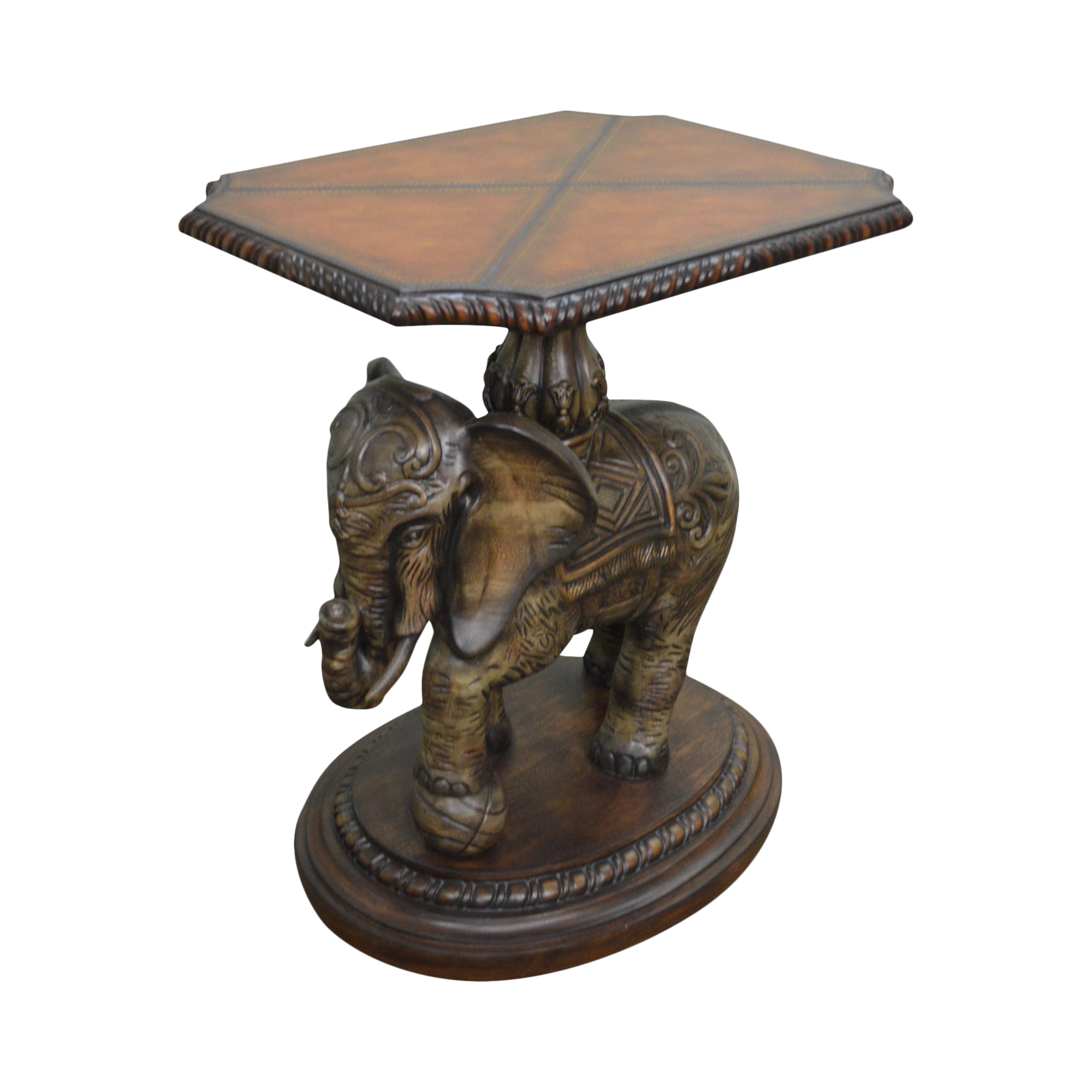 Elephant Sculpture Base Side Table w/ Leather Top Chairish