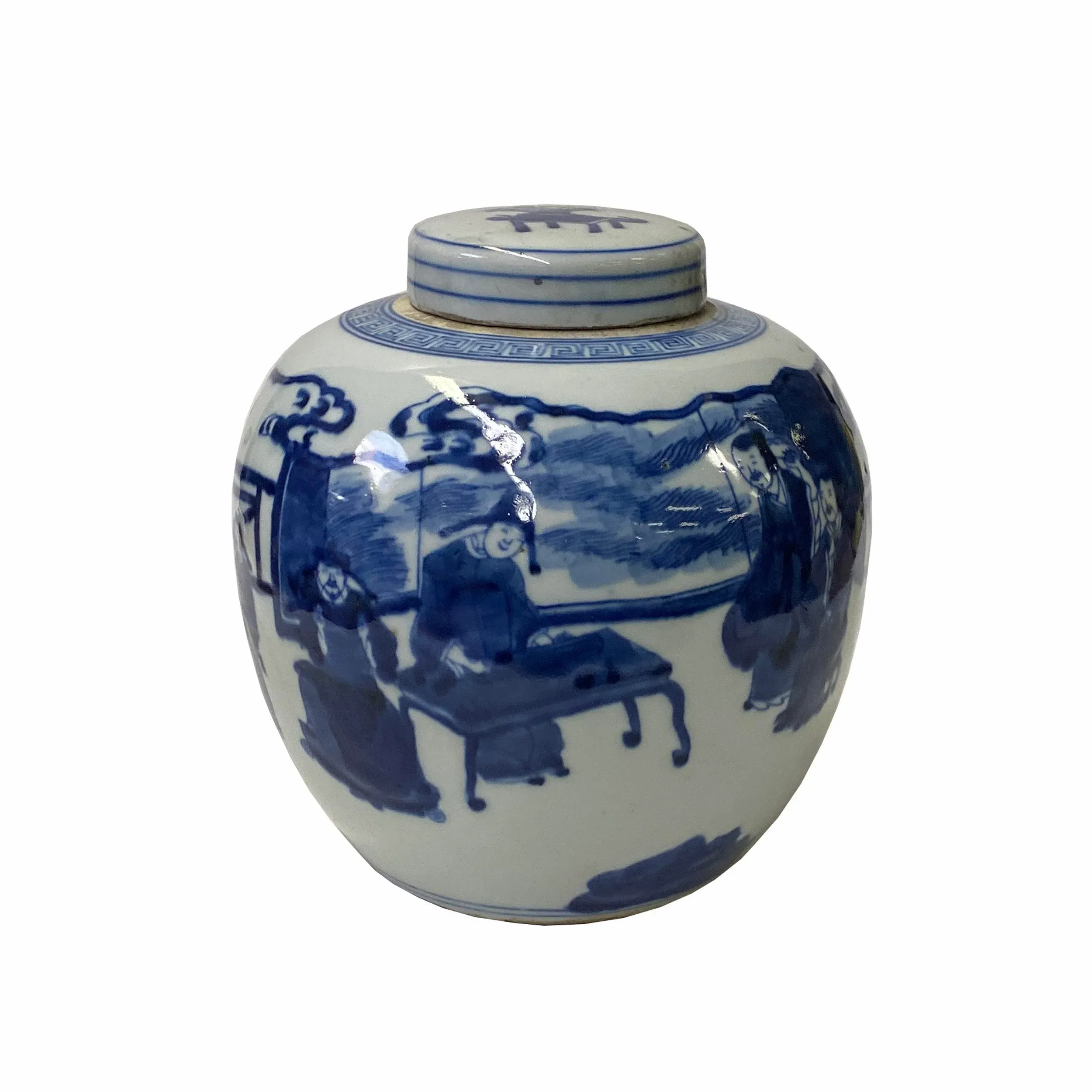 Hand-Paint Scholars Graphic Blue White Porcelain Ginger Jar