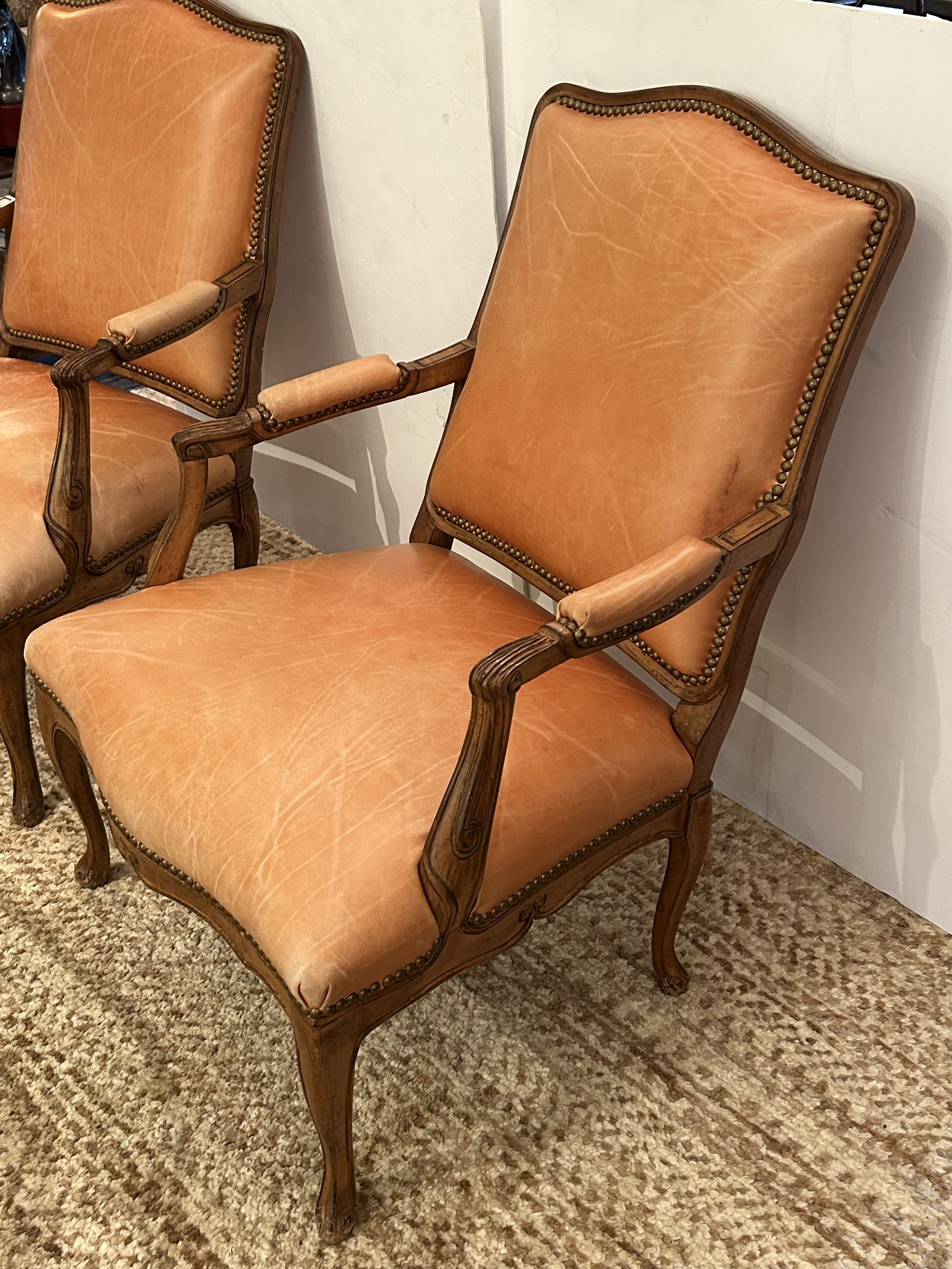French Leather Upholstered Carved Walnut Armchairs -a Pair Chairish
