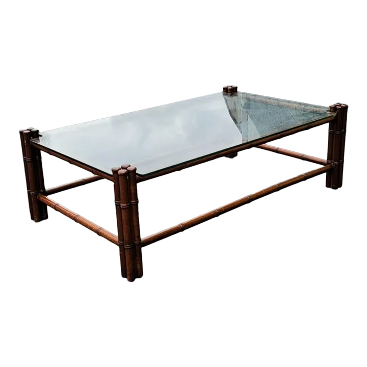 Regency Style Faux Bamboo Mahogany Glass Top Cocktail Table Coffee