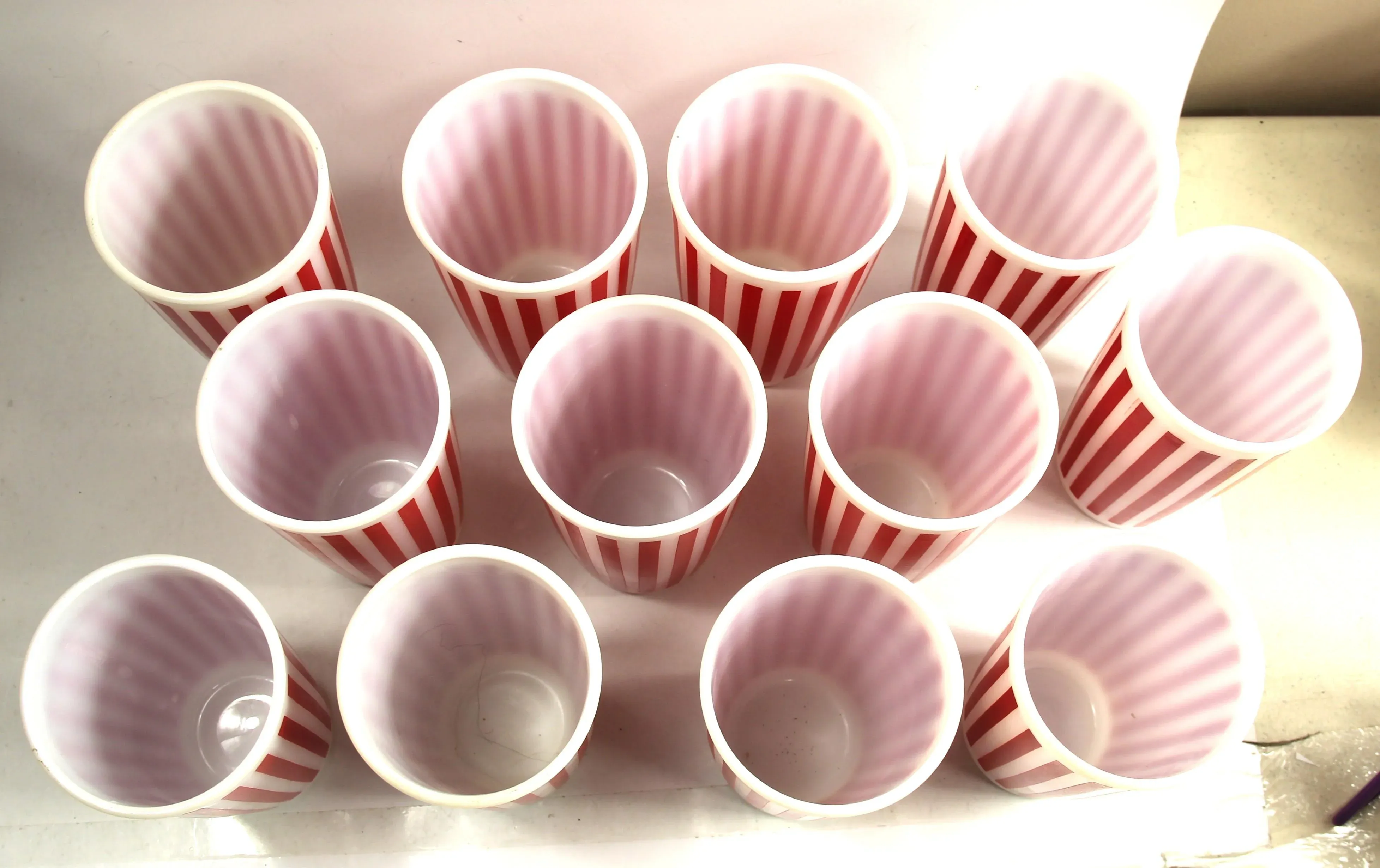 Vintage Hazel Atlas Red Striped Milk Glass Tumblers - Set of 12