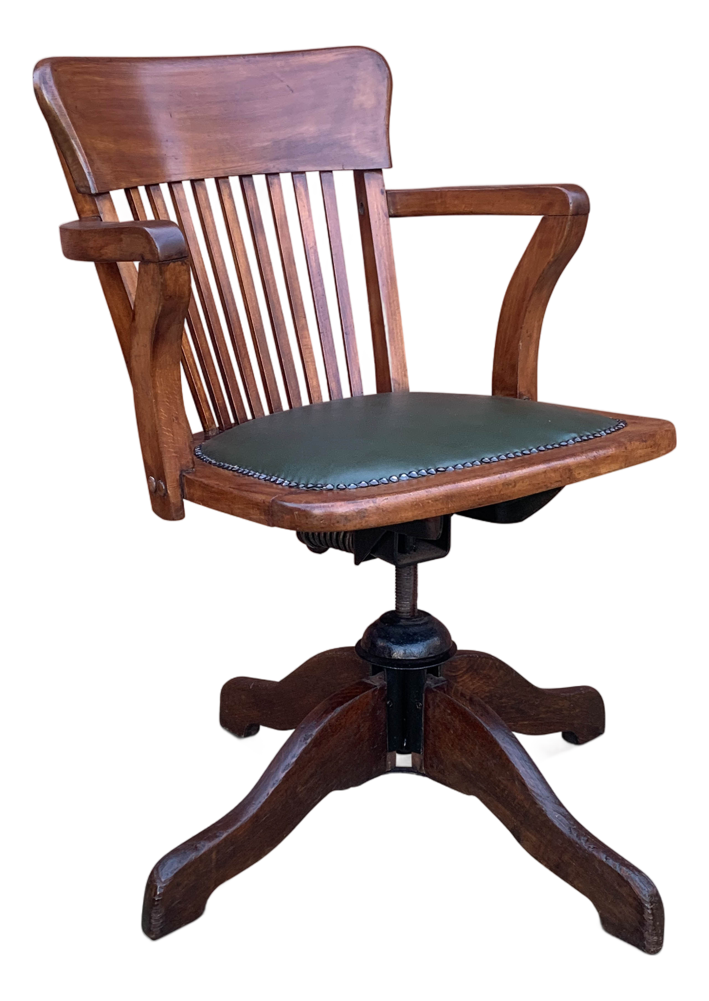Victorian Oak Spindle-Back Revolving Desk Chair with Racing Green