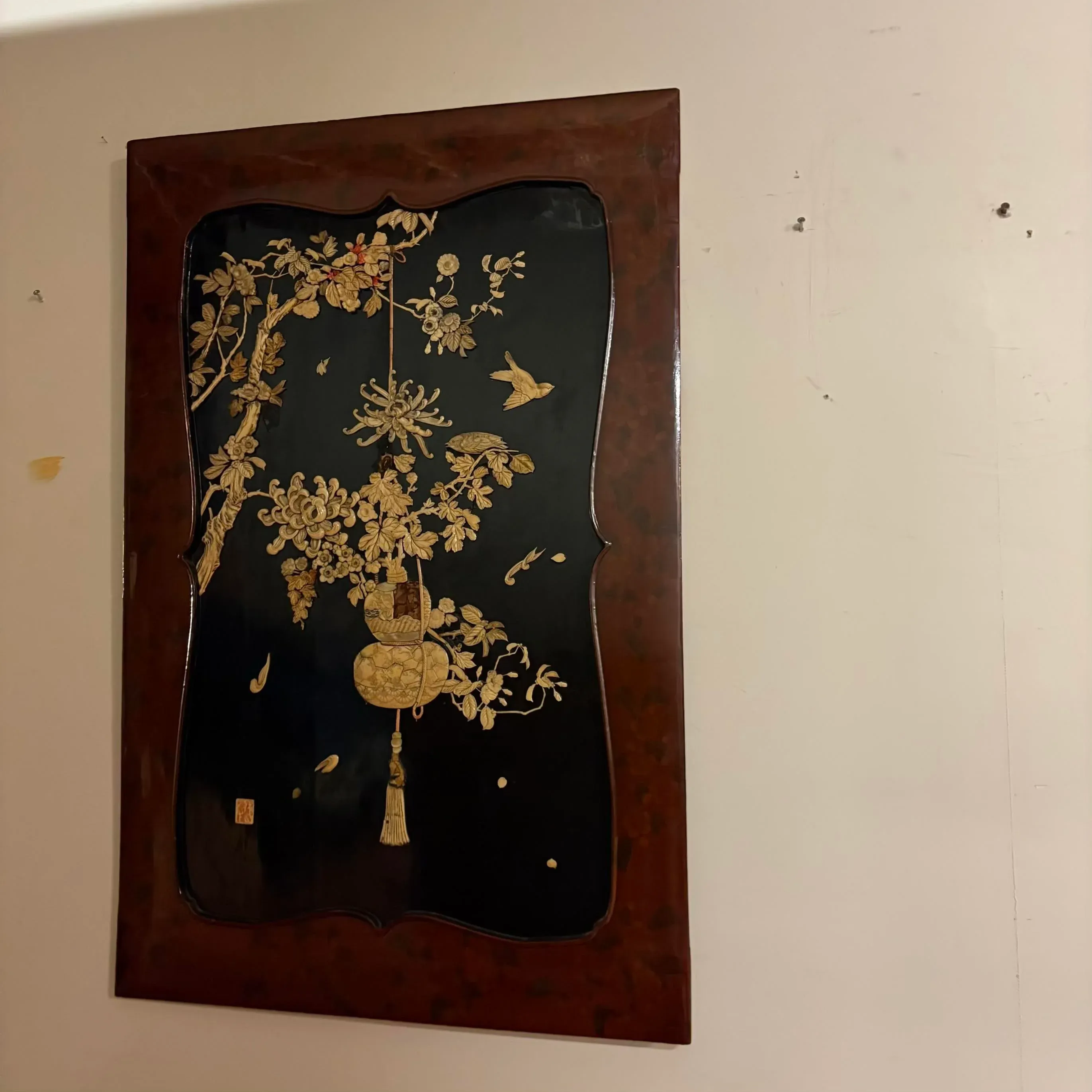 Japanese Lacquer Wall Panel With Chrysanthemum and Bird Relief