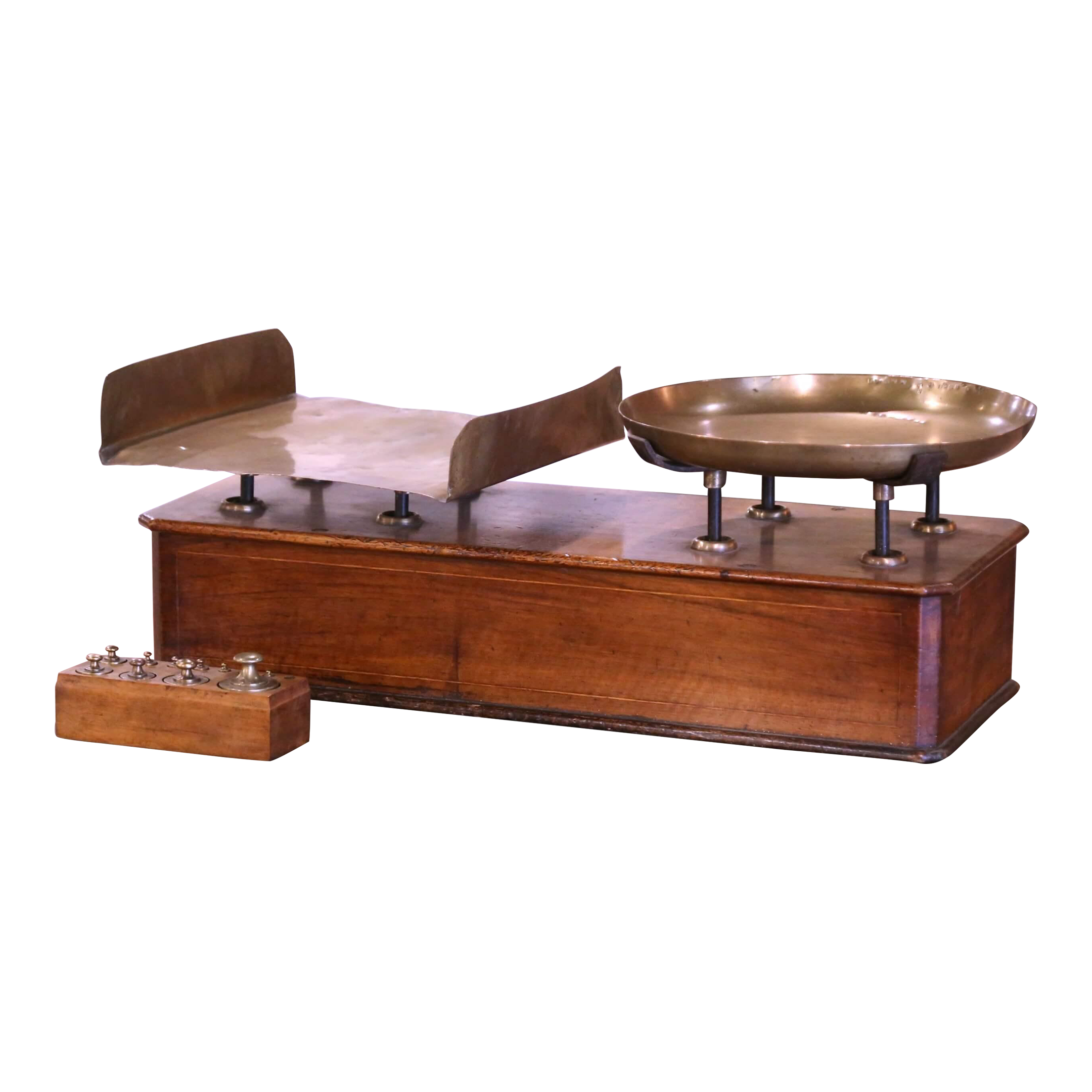 19th Century French Napoleon III Walnut and Brass Scale With Set of Weights