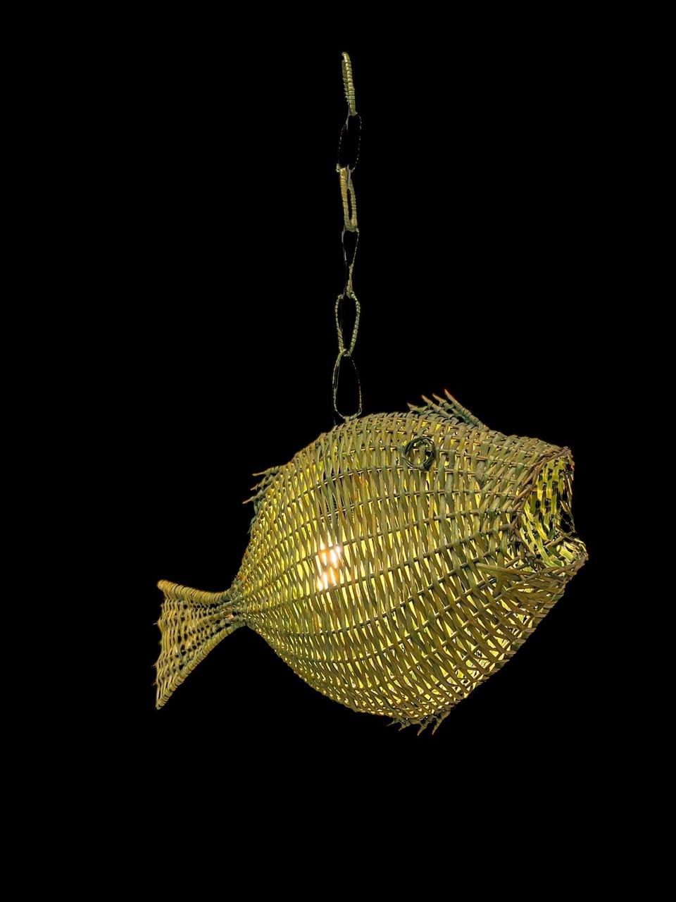 Mid-Century Modern Fish Wicker Rattan Pendant Lamp, 1960s