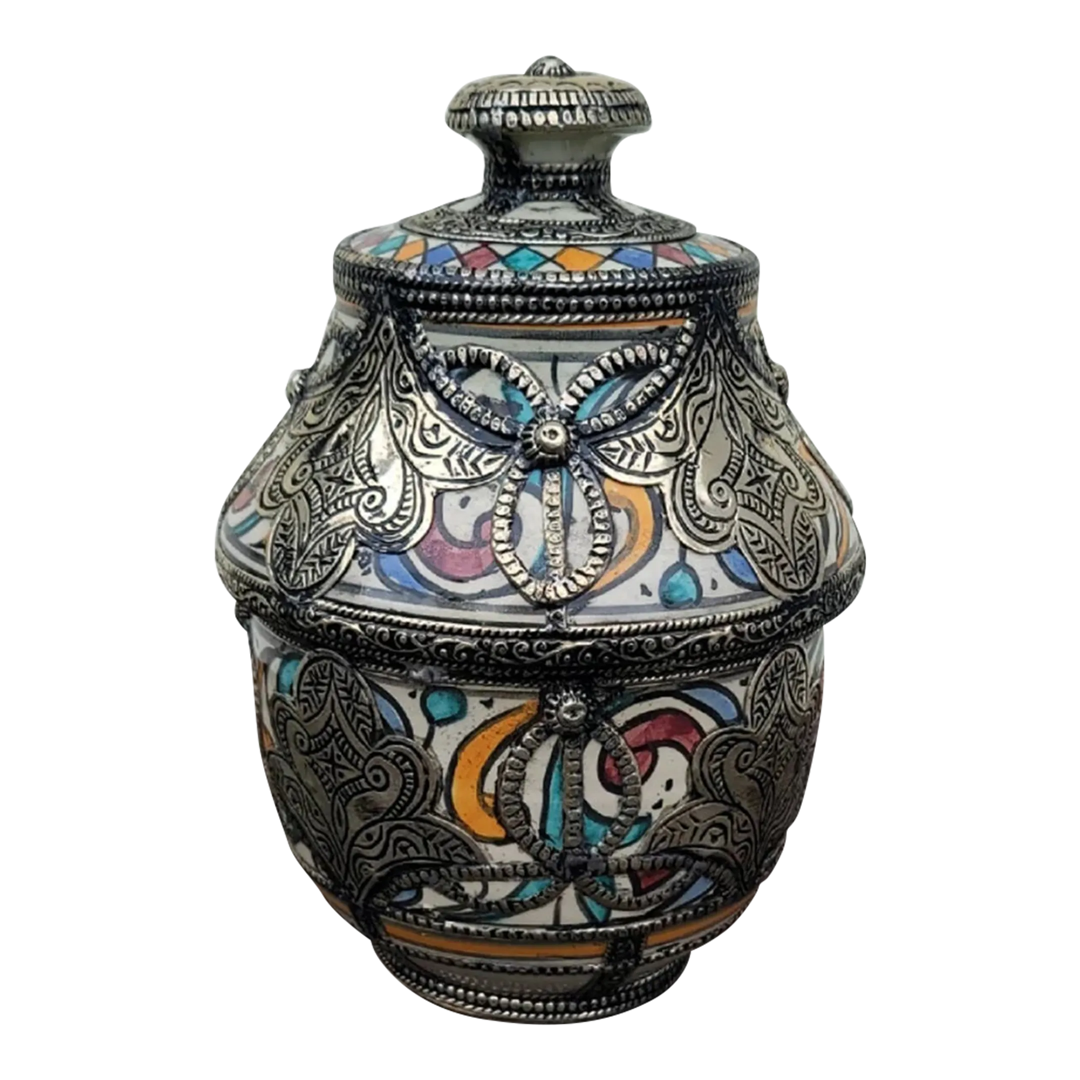 2010s Multicolor Metal Inlaid Moroccan Hand Painted Urn/ Jar