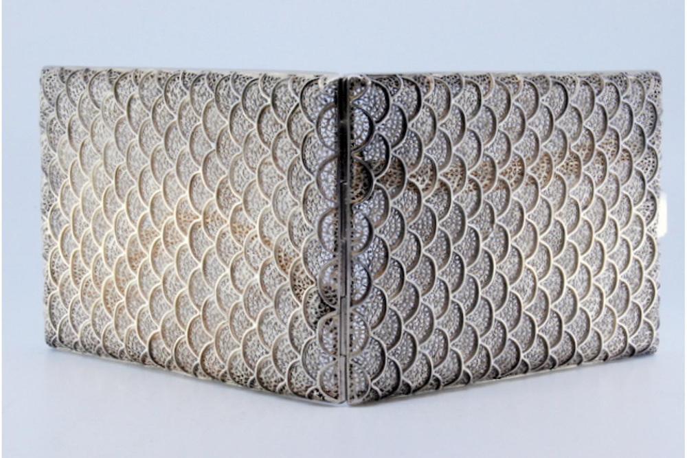 Silver Filigree Cigarette Case with Wavy Reliefs and Hinged Lid