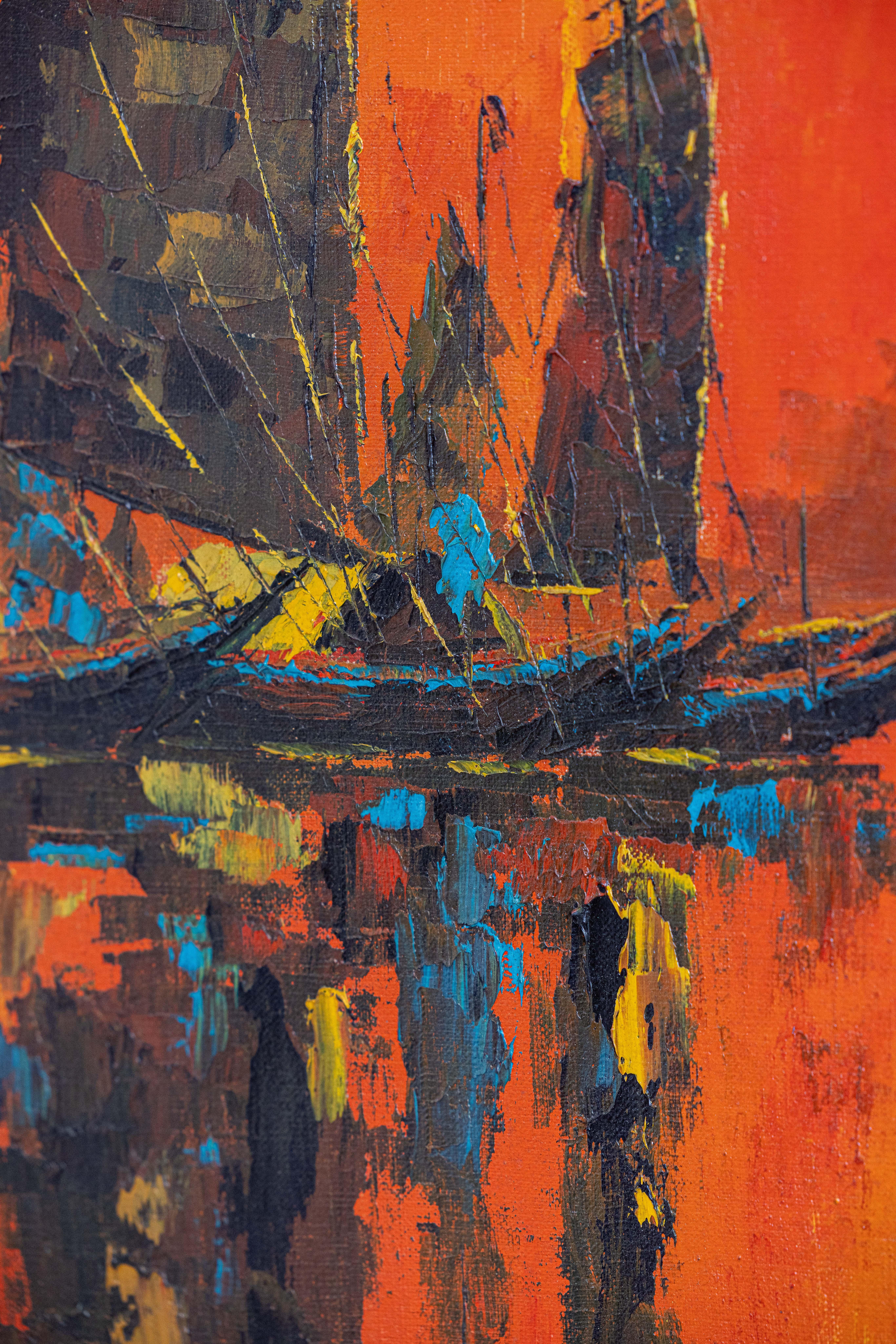 Original Large 1960s Mid-Century Modern Vibrant Seascape Painting