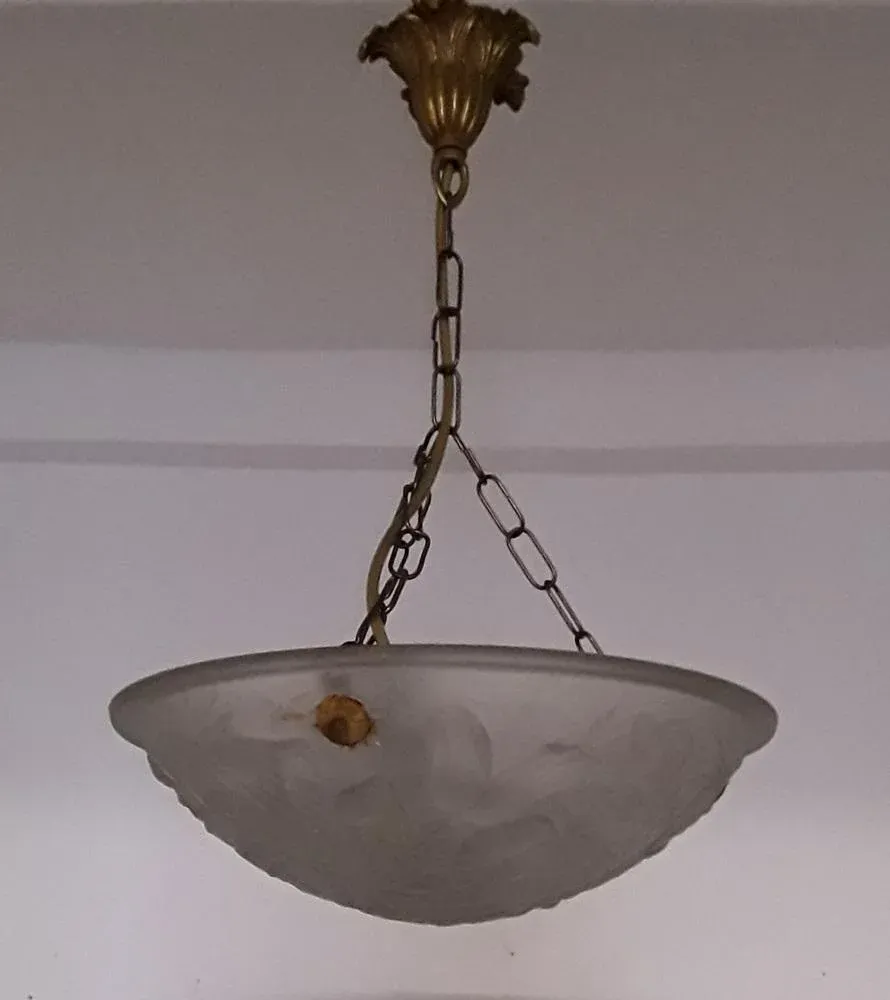 French Art Deco Ceiling Lamp with Brass Mount & Domed Glass Bowl with Floral Motif, 1930s