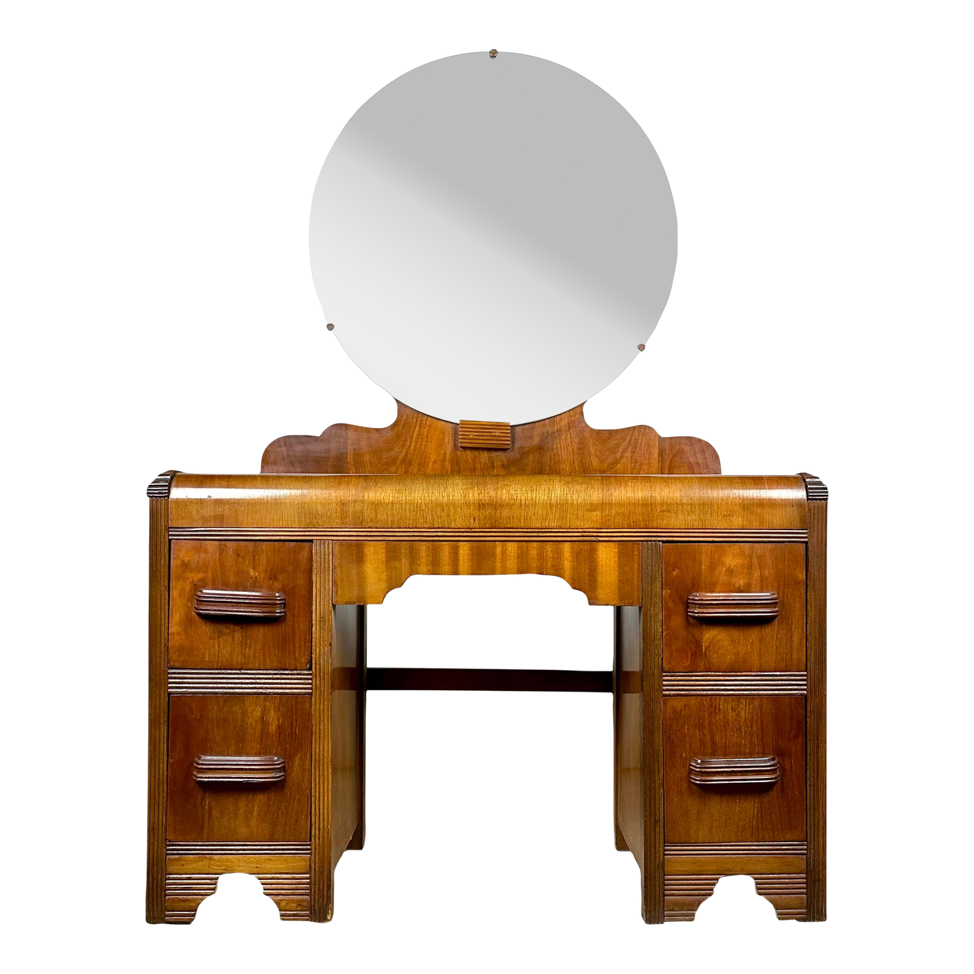 1940’s Art Deco Waterfall Vanity With Round Mirror by b Furniture