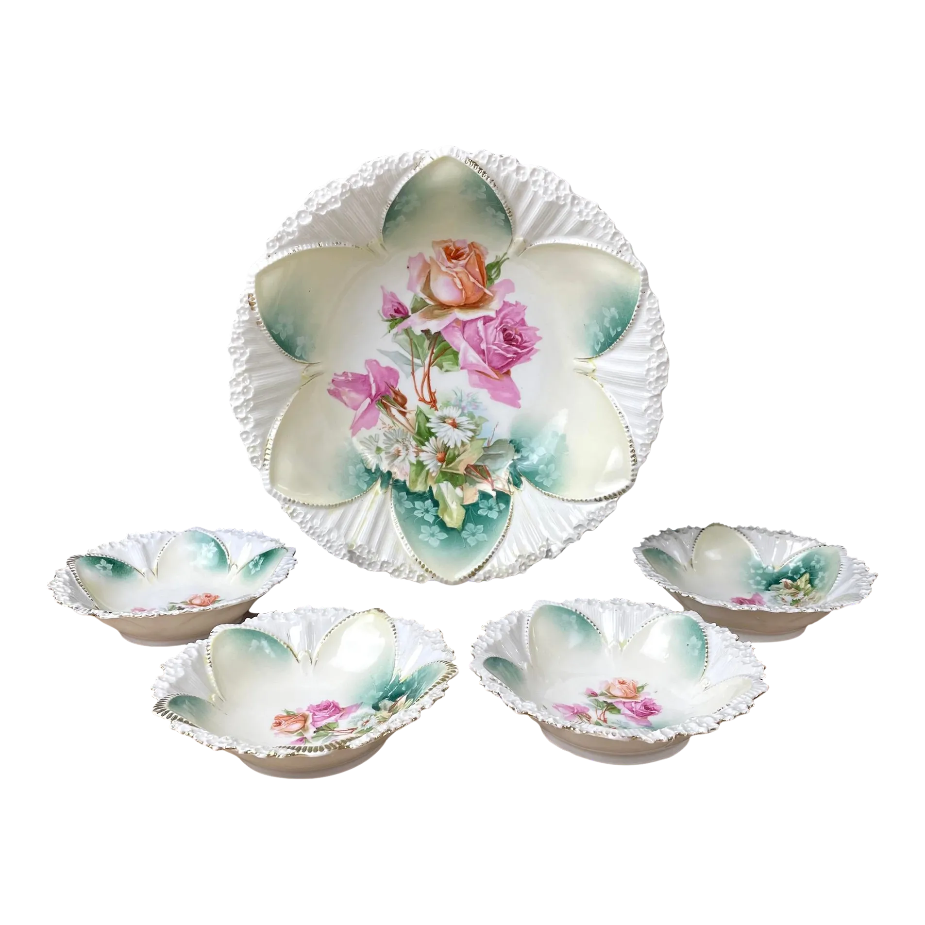 r.s. Prussia Roses and Daisies Berry Bowl Set of 5 - Antique Serving Pieces