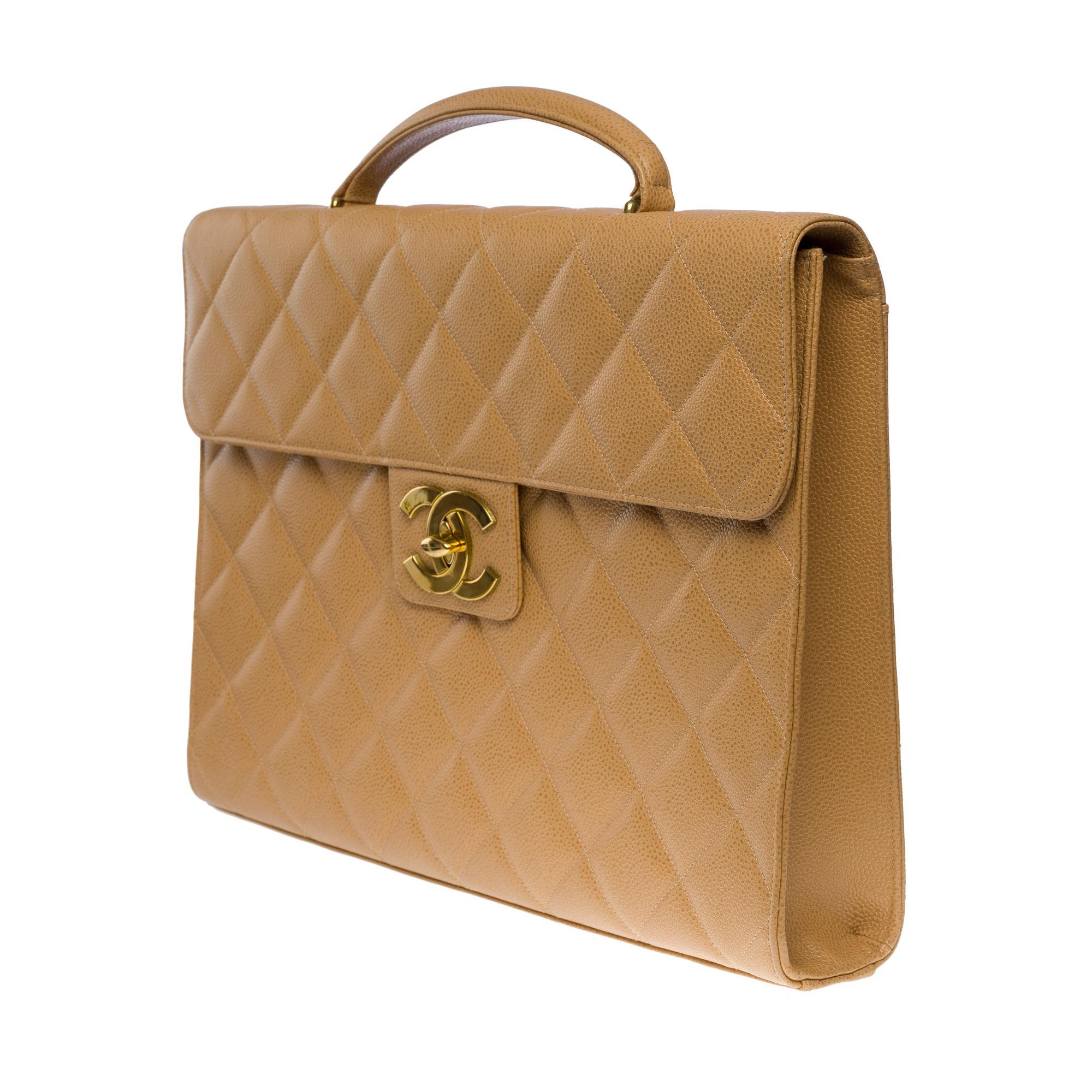 Chanel Vintage Briefcase In Beige Caviar Leather, Ghw