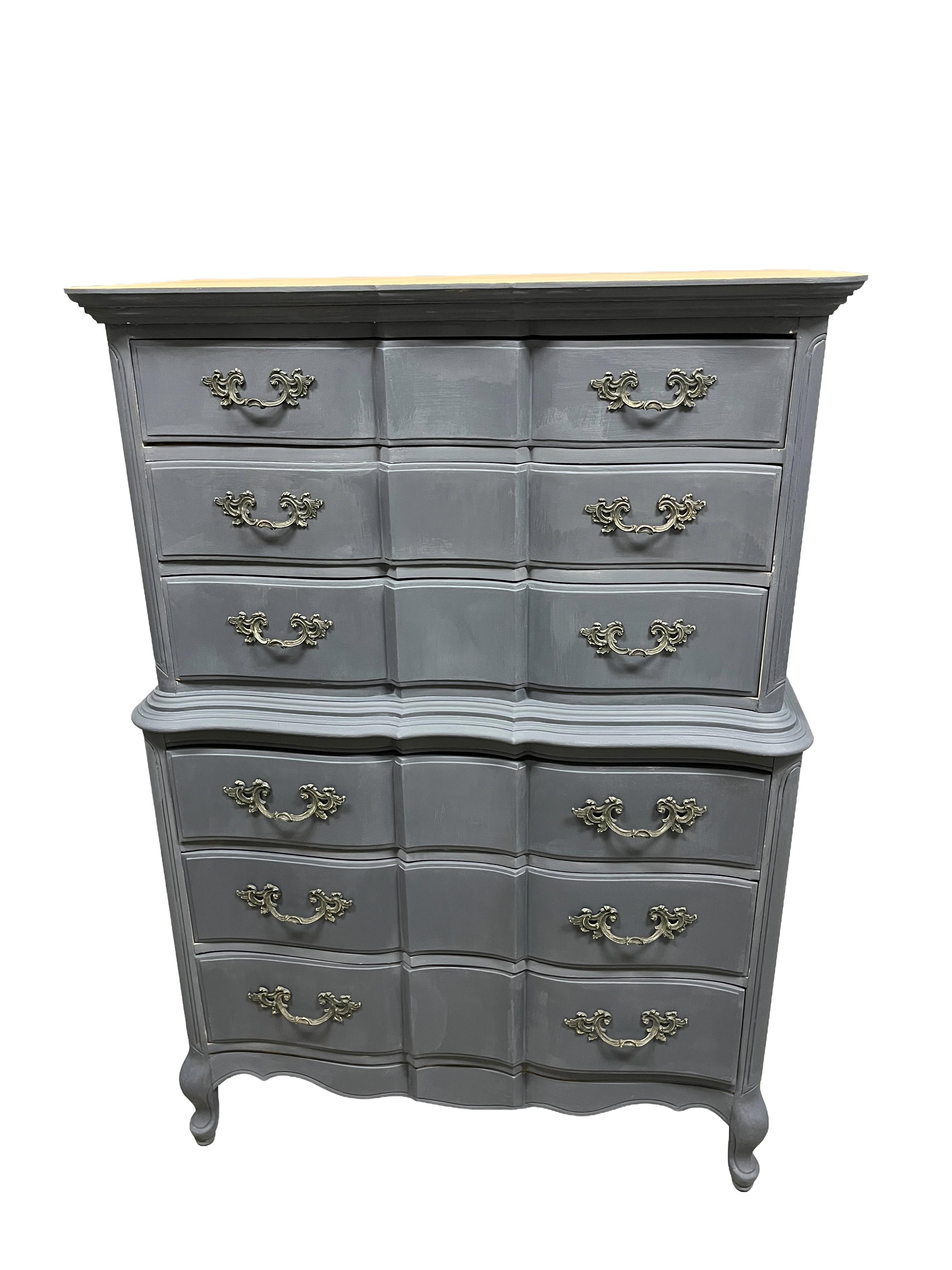 Vintage Tall 6 Drawer Dresser Painted Deep Gray French Hardware Natural  Wood Top