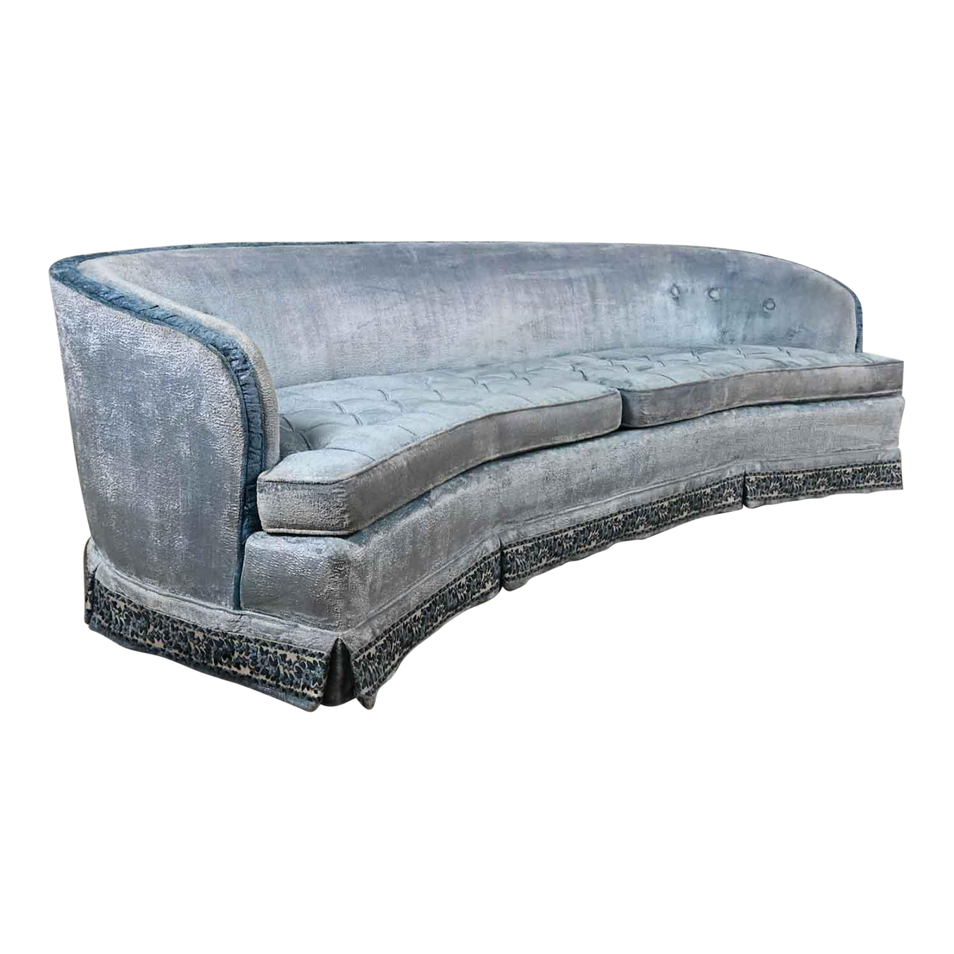 MidLate 20th C Hollywood Regency to Cottagecore Curved Blue Velvet