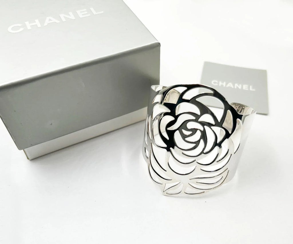 Chanel Rare 925 Solid Silver Camellia Cutout Bangle Cuff Bracelet 