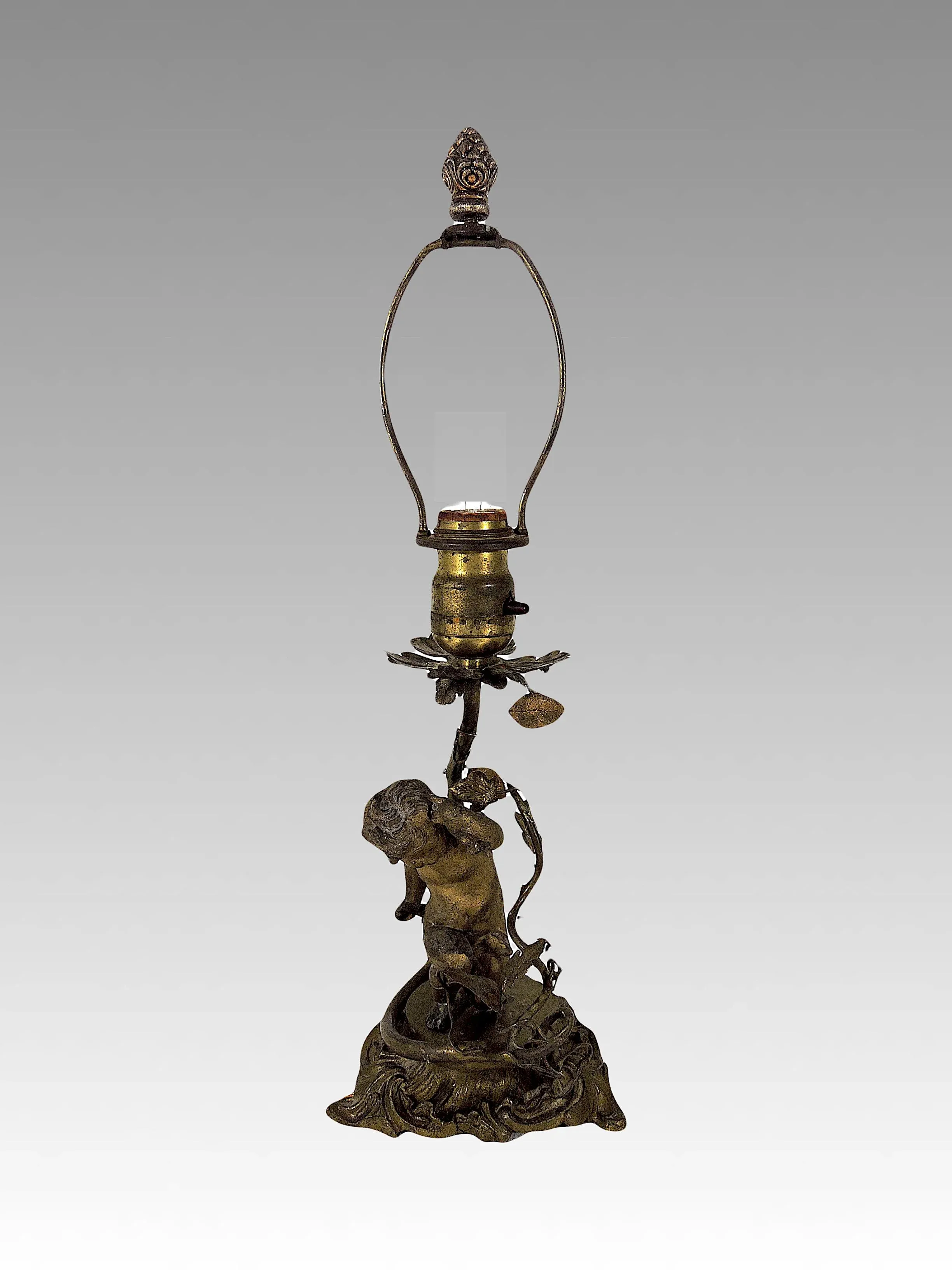 Antique 'Old Gold' Italian Table Lamp With Cherub Angel (Putto