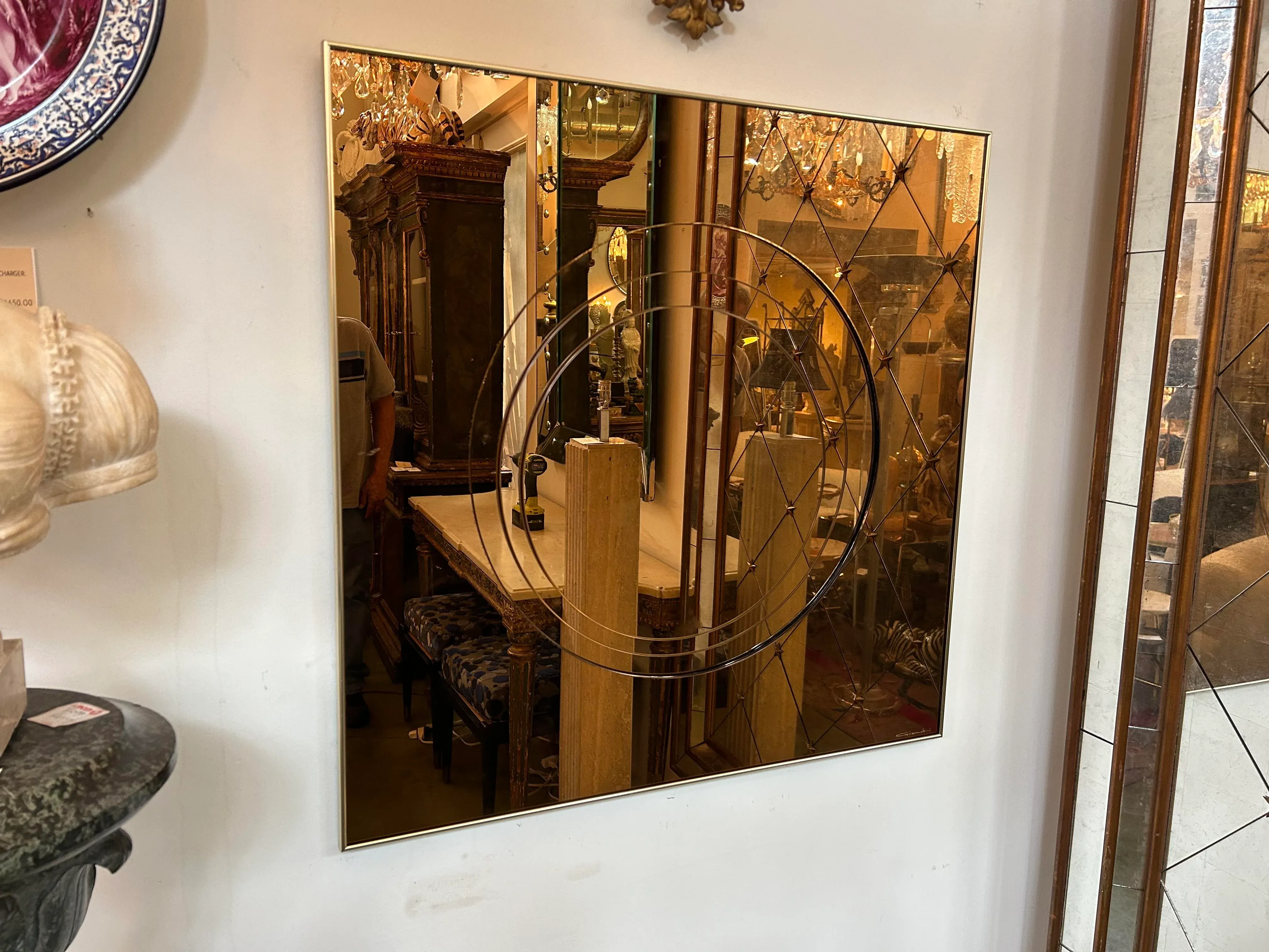 1960s Italian Modern Bronze Mirror With Circular Design