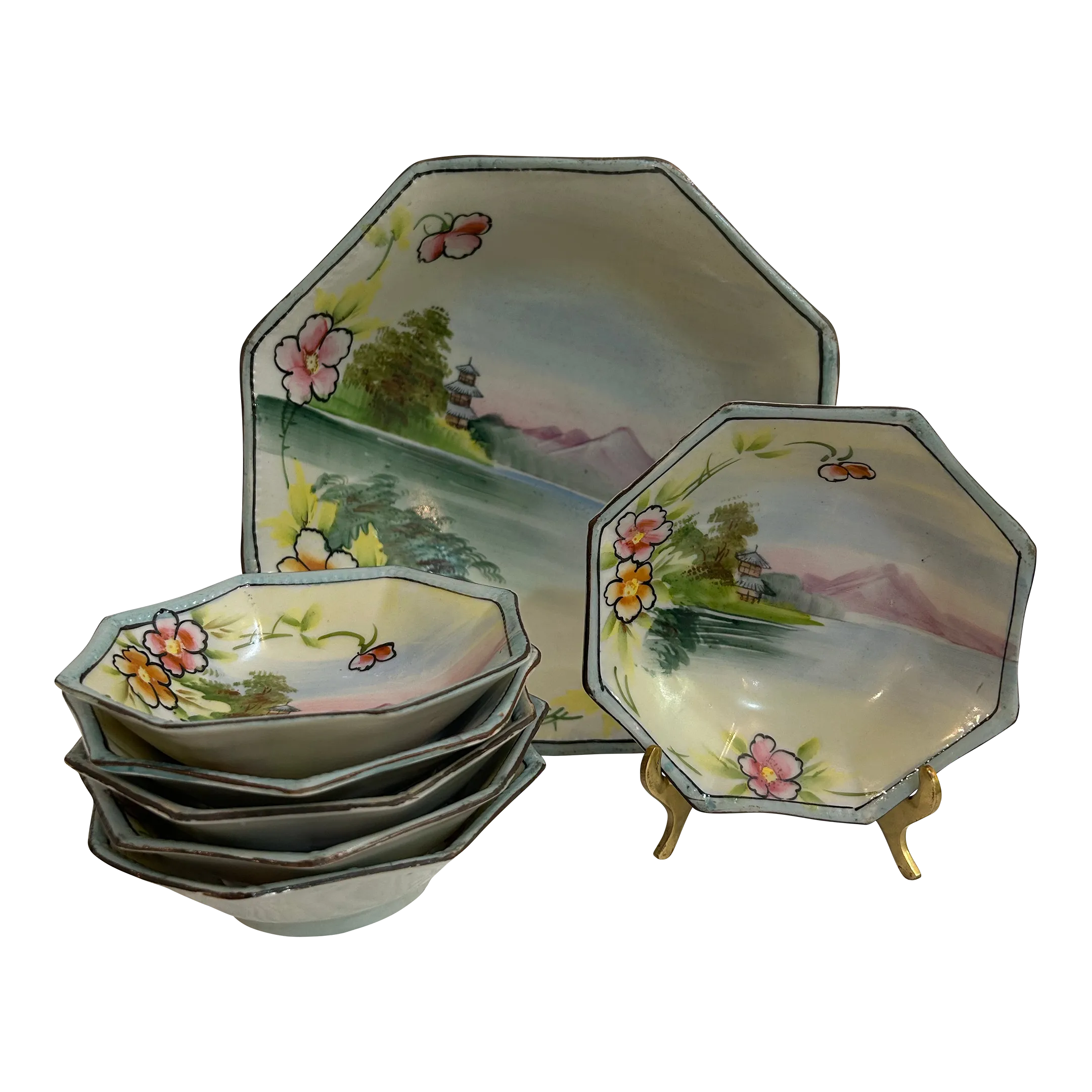 Early 20th Century Takita Nippon Hand Painted Serve Bowl Set - 7 Pieces