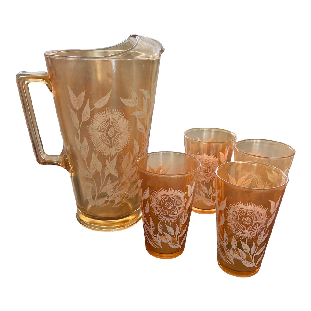 Jeanette Glass ジャネットグラス ヘレニック ガラスボウル 4個 Vintage Jeanette Glass Co. Pitcher and 4 Glasses | Chairish