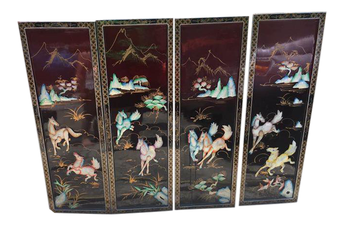 Vintage Oriental Mother Of Pearl Relief Horses Black Lacquer Wall Art Screens Set Of 4 Chairish
