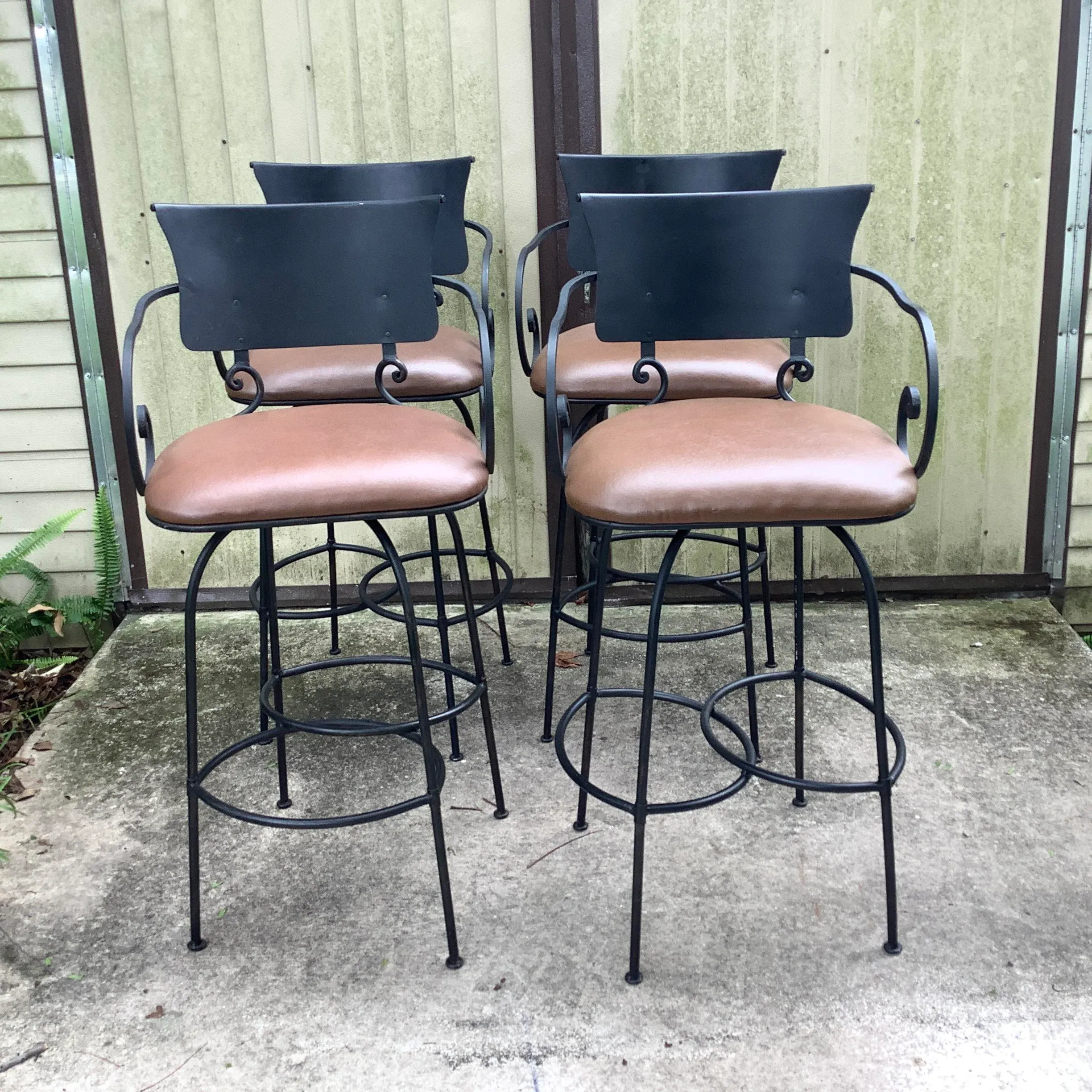 Arhaus Wrought Iron and Brown Bar Stools Set of Chairish