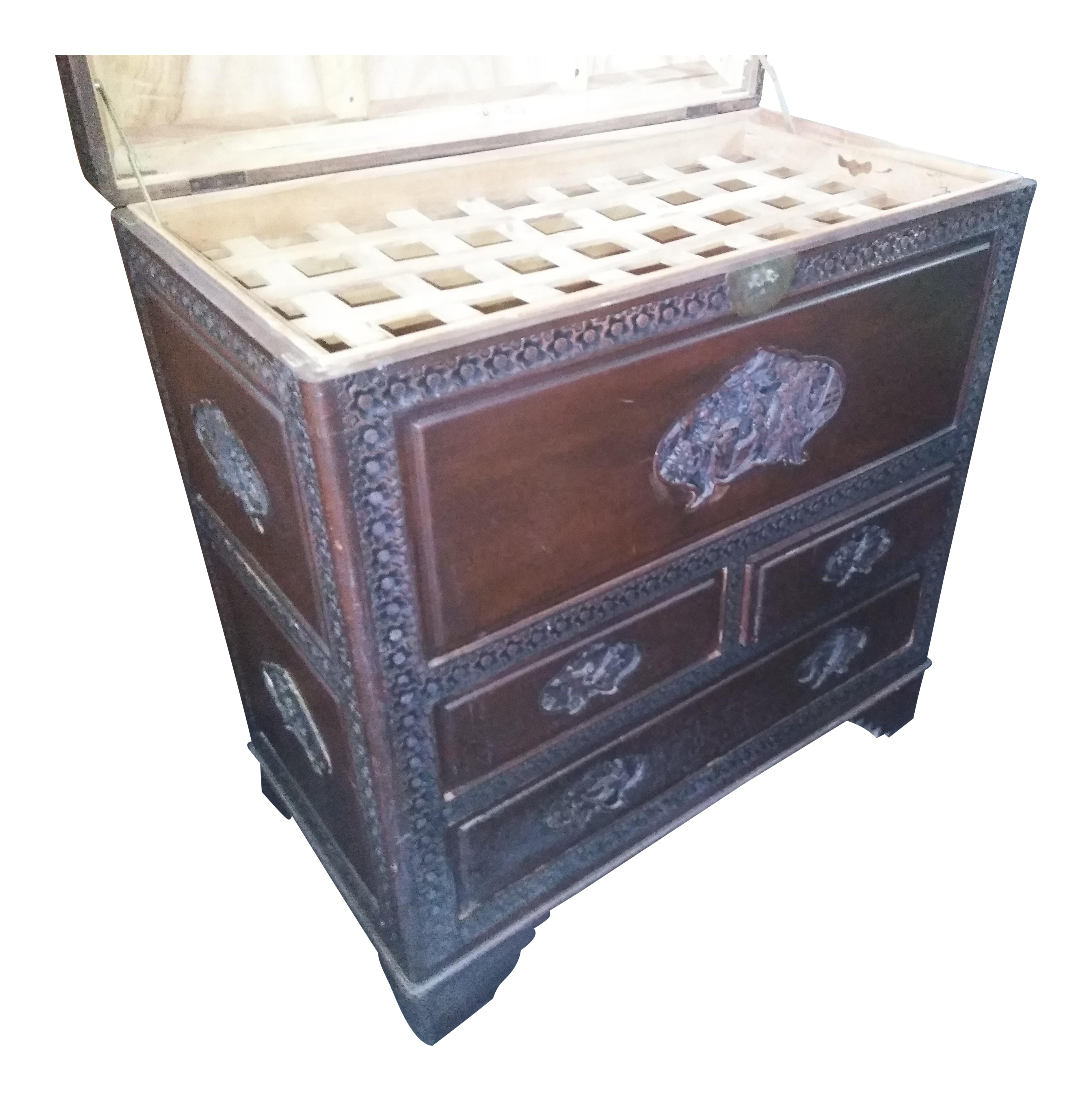 20th Century Chinese Hand Carved Chinese Storage Chest W Drawers