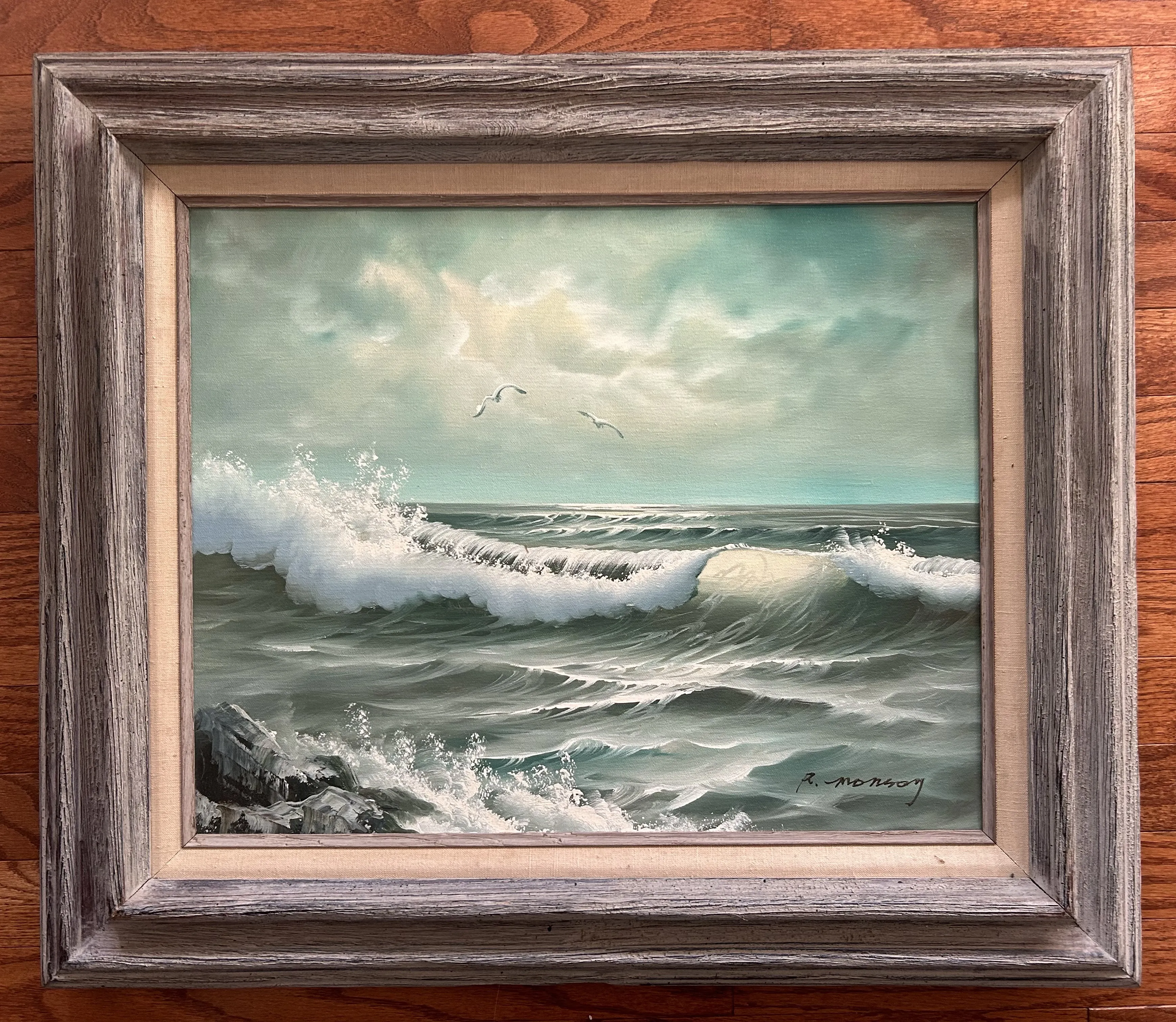 Mid Century Seascape Oil Painting in Rustic Wood Frame