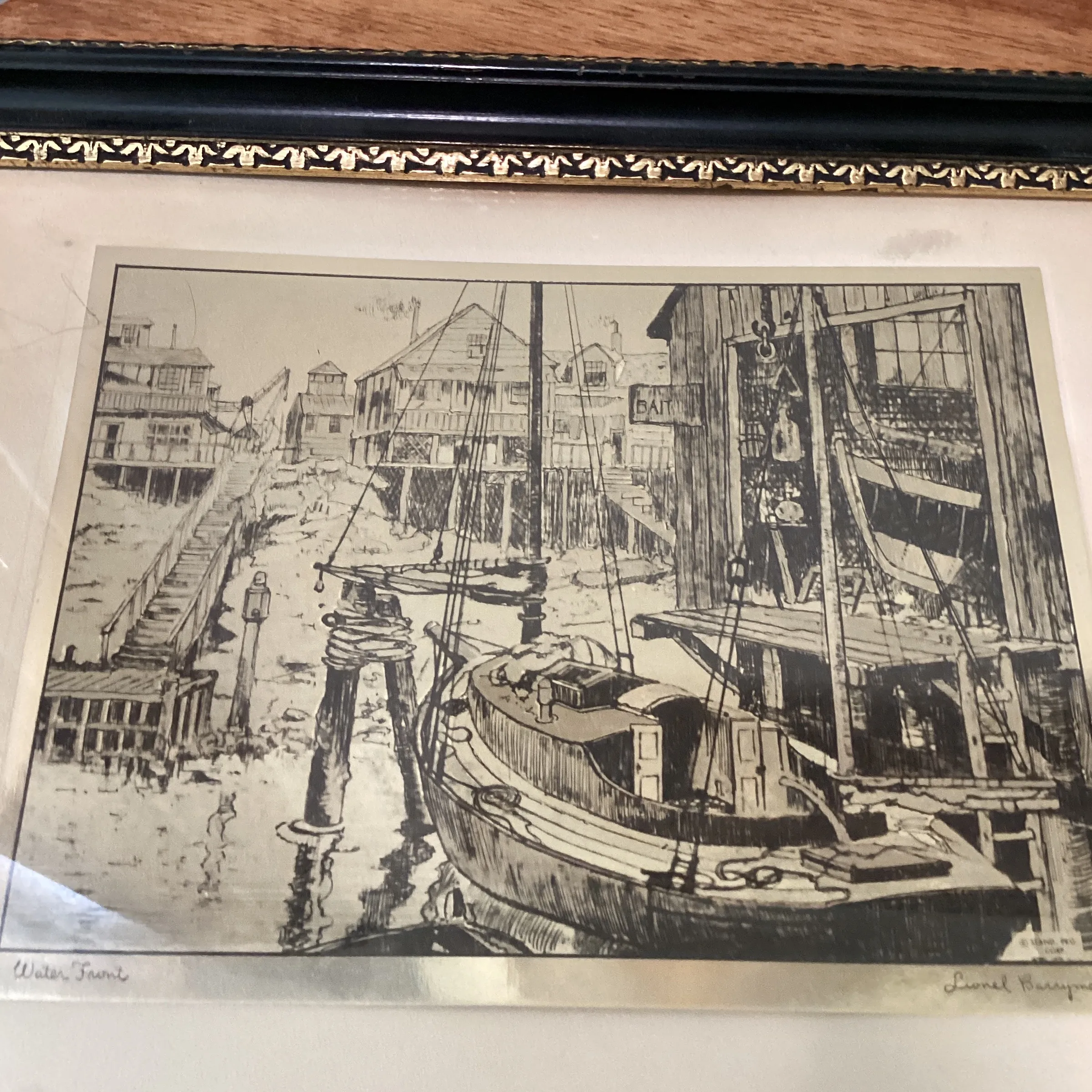 Mid 20th Century Vintage Lionel Barrymore Nautical Motif Gold Foil Print, Framed