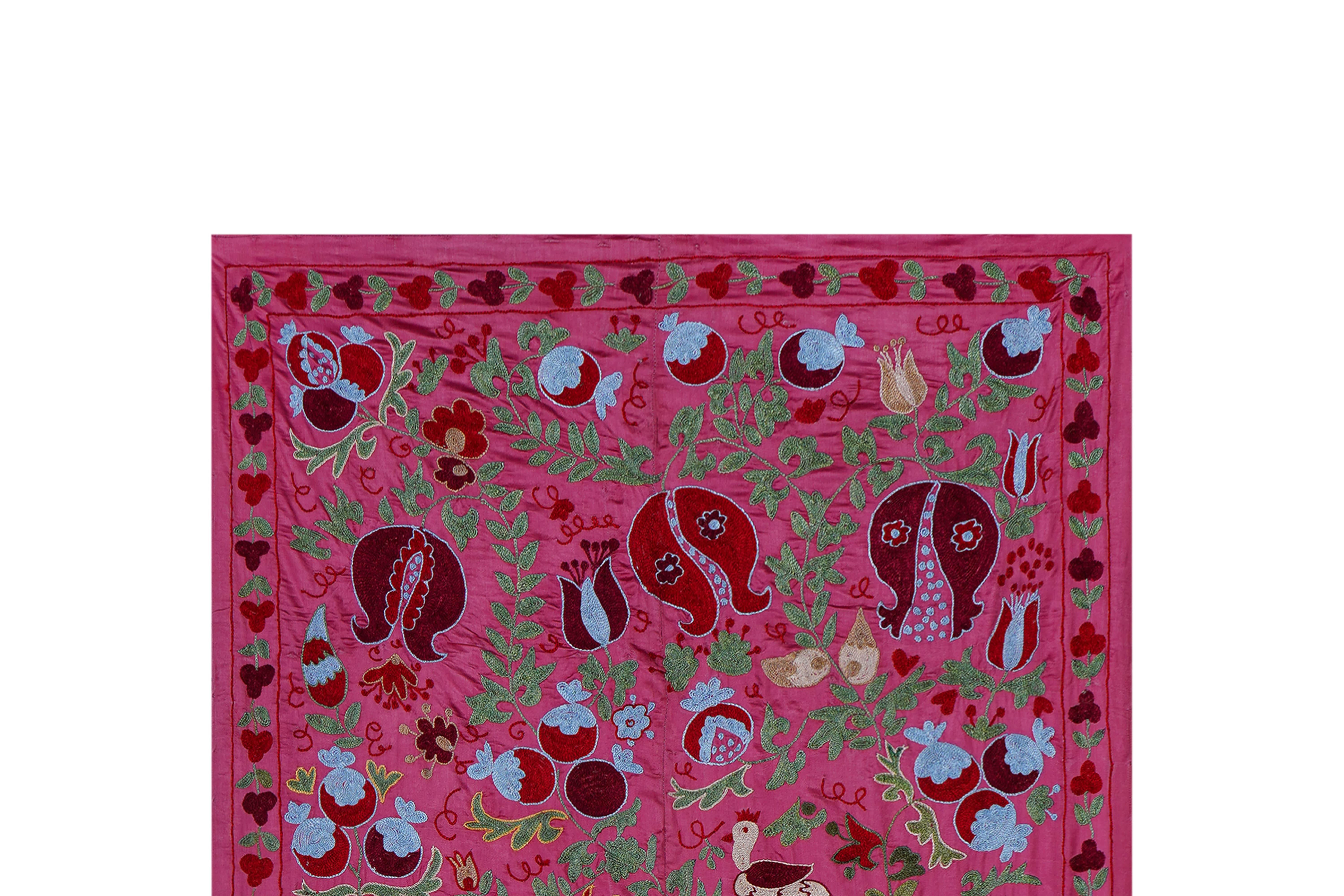 Pink Uzbek Suzani Wall Hanging – Pomegranate Tree & Animal Motif Embroidery 3\'5\'\' X 6\'