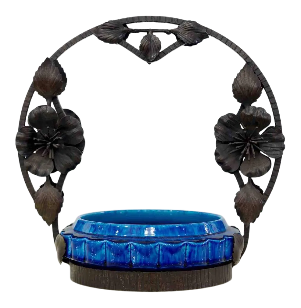 French Art Nouveau Paul Milet Sevres Ceramic Flower Wrought Iron