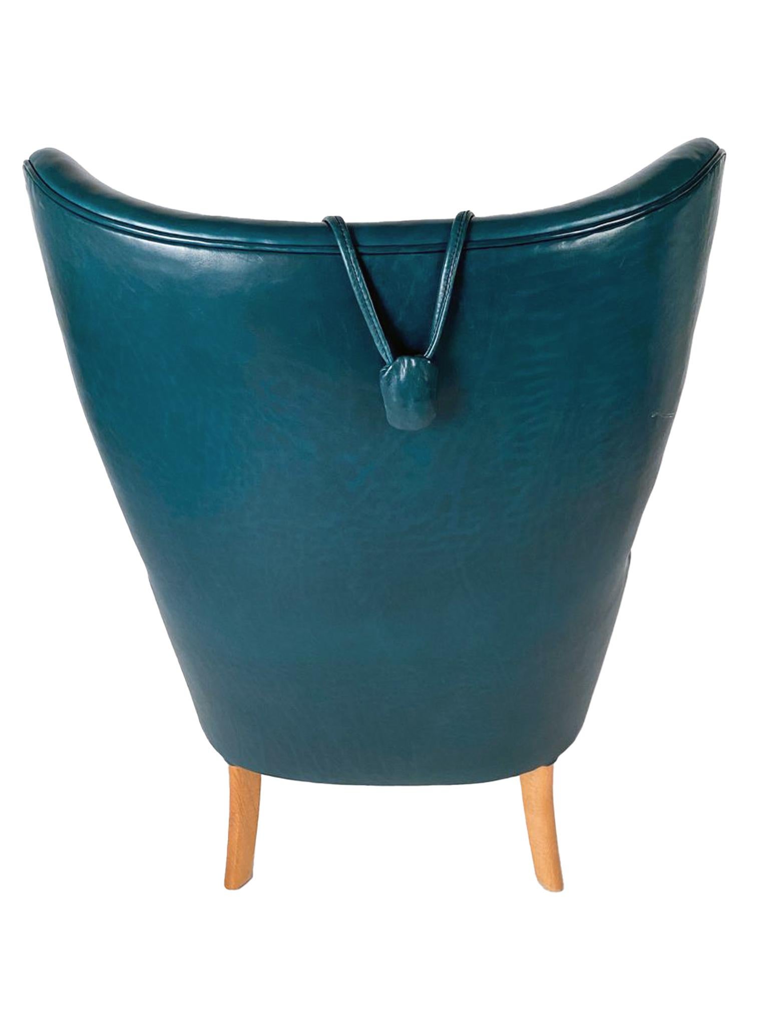 Danish Modern Teal Green Leather Wingback Armchair in the Style of Ole Wanscher