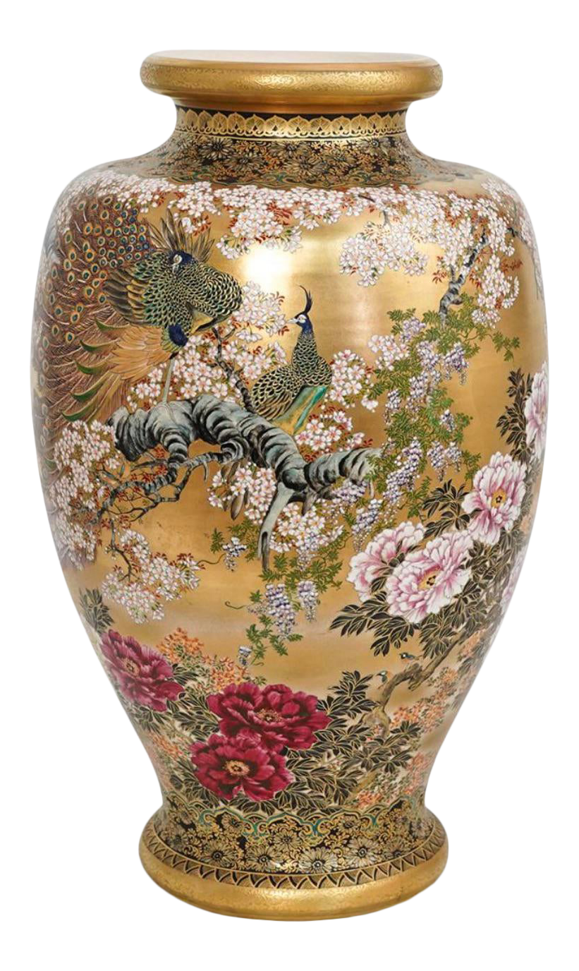 20th Century Satsuma Porcelain Peacock Vase Chairish