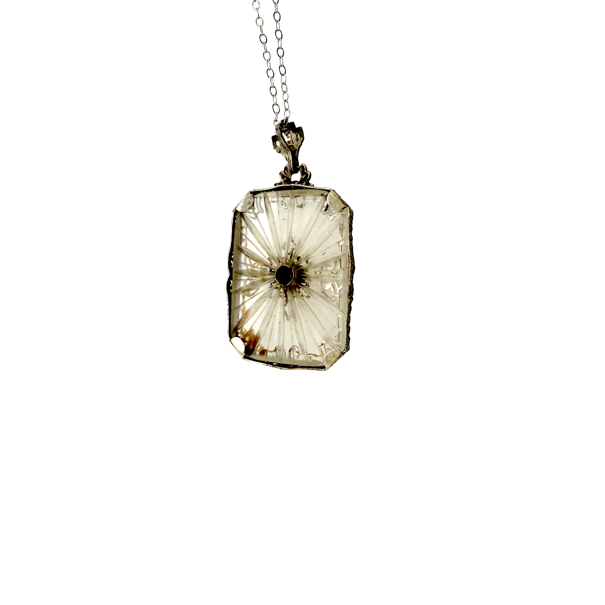 1920s Art Deco White Gold Rock Crystal Filigree Pendant on Chain