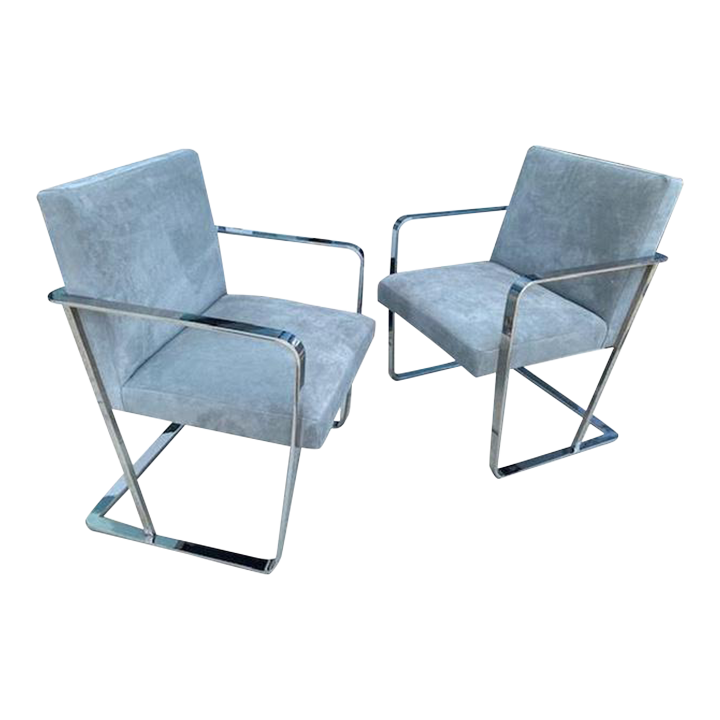 1970's French Chrome Chairs Covered in BlueGray Suede Leather Set of