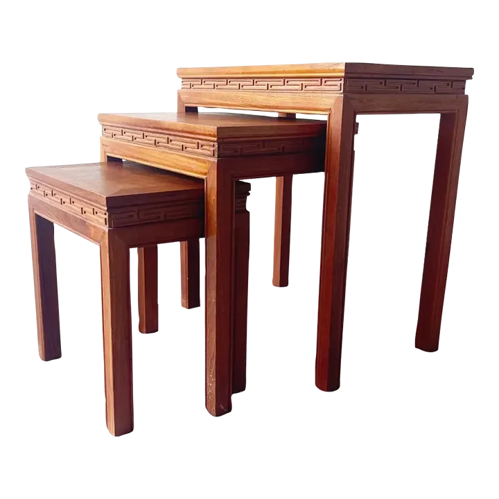 Chinoiserie Hand Carved Asian Wood Nesting/Stacking Tables Chairish